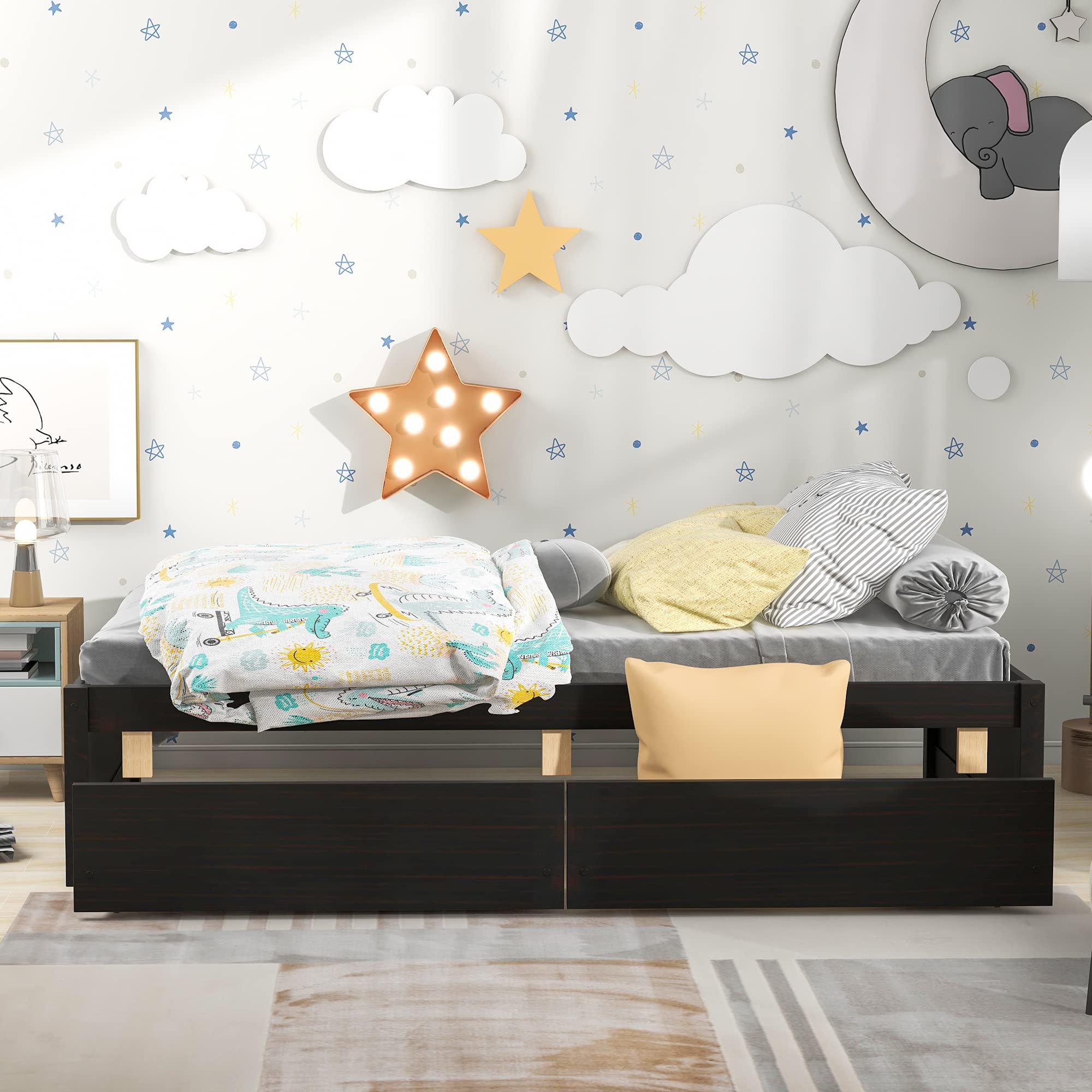 KINFFICT Twin Size Platform Bed Frame with 2 Storage Drawers - Solid Wood Slat Support for Kids & Adults - No Box Spring Needed - Easy Assembly (Espresso) - Perfect for Small Bedrooms, Guest Rooms & Kids' Rooms