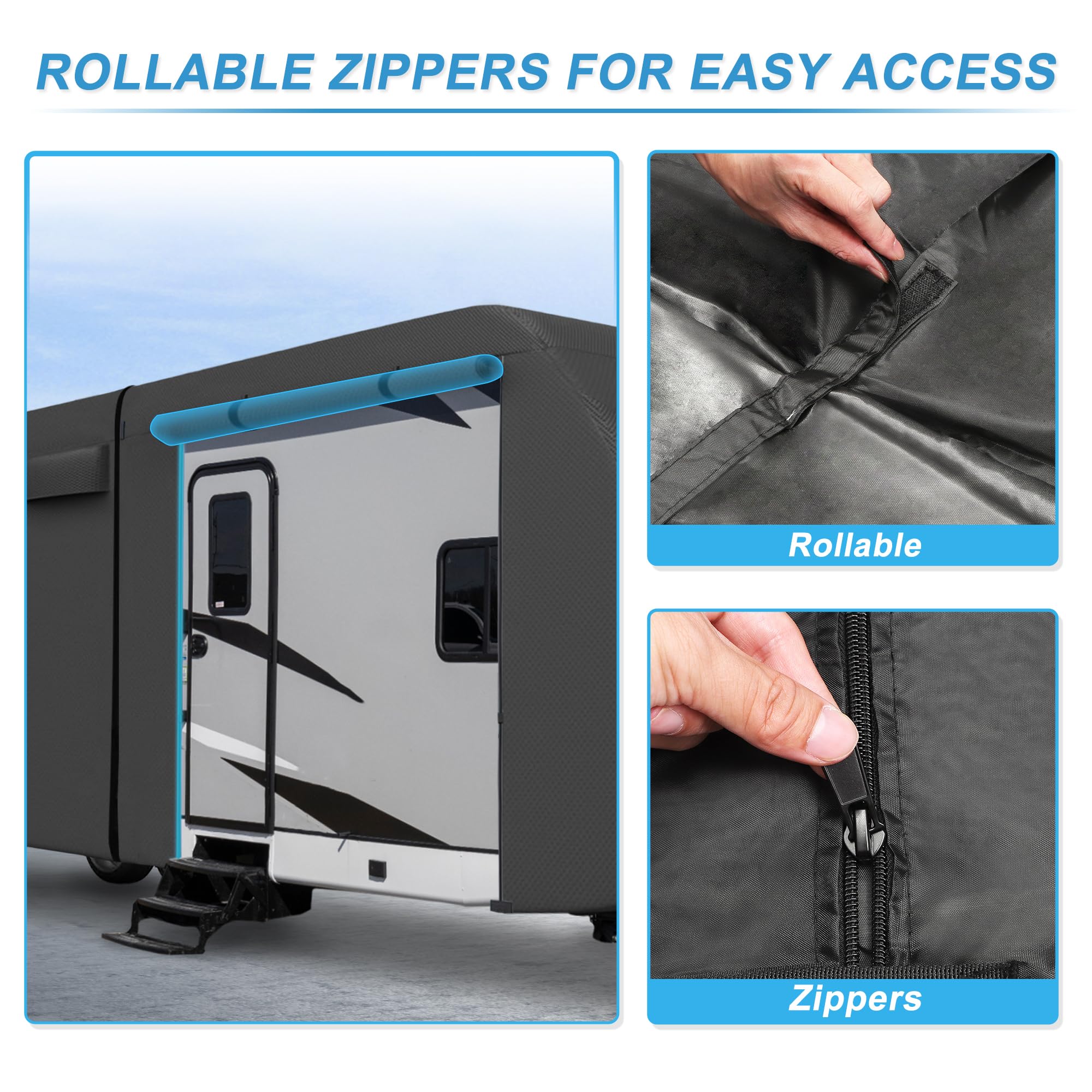 uxcell Waterproof RV Cover for 20'-22' Travel Trailers - Windproof, Anti-UV Camper Cover with Extra Windproof Ropes & Gutter Covers - All Season Protection (Black) - Perfect for Outdoor Storage, Camping & Travel
