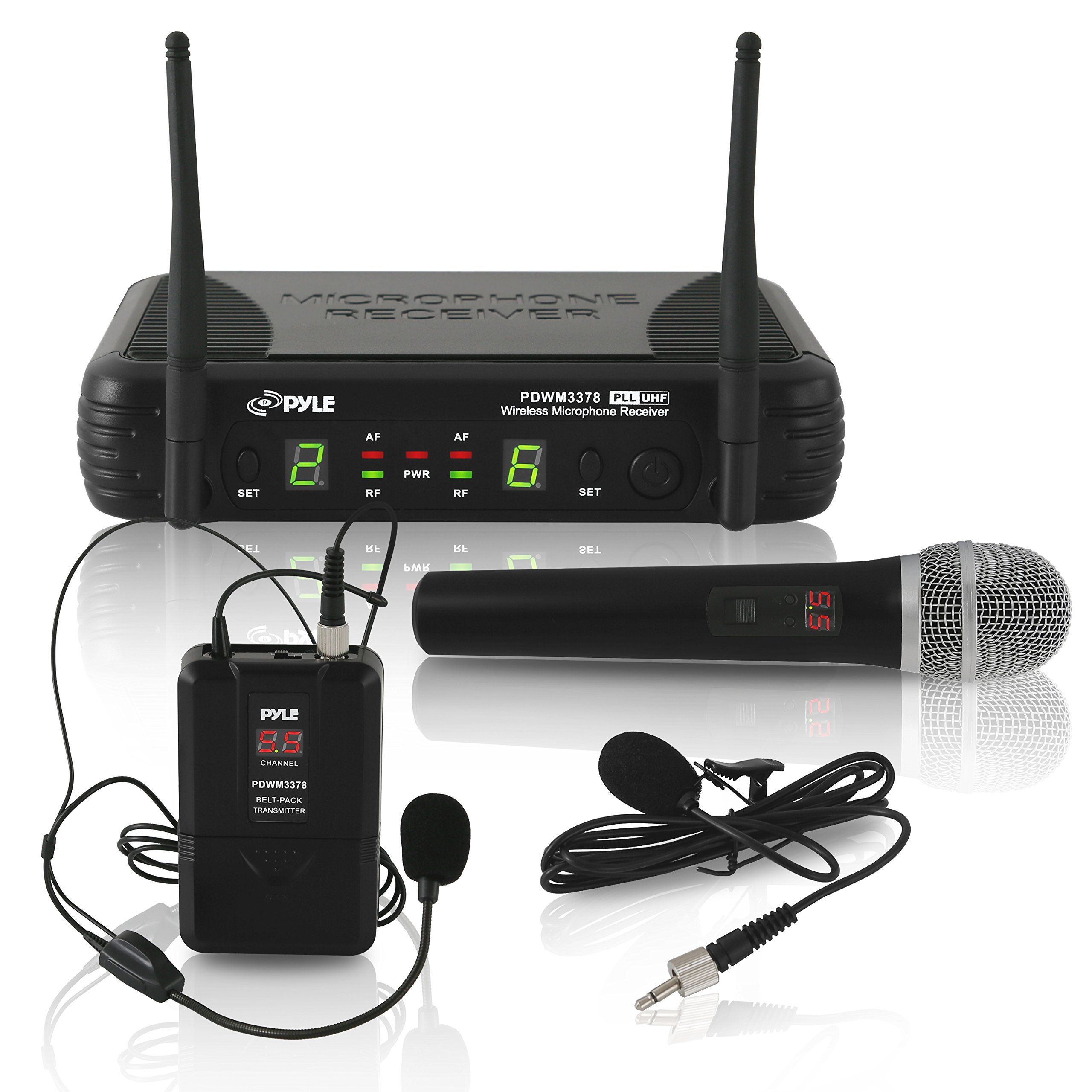 Pyle Dual Channel UHF Wireless Microphone System - Handheld, Headset, Belt Pack & Lavalier Mic with 8 Selectable Frequencies, Independent Volume Controls, AF/RF Indicators - Ideal for Karaoke, Public Speaking, Church Services & Live Performances