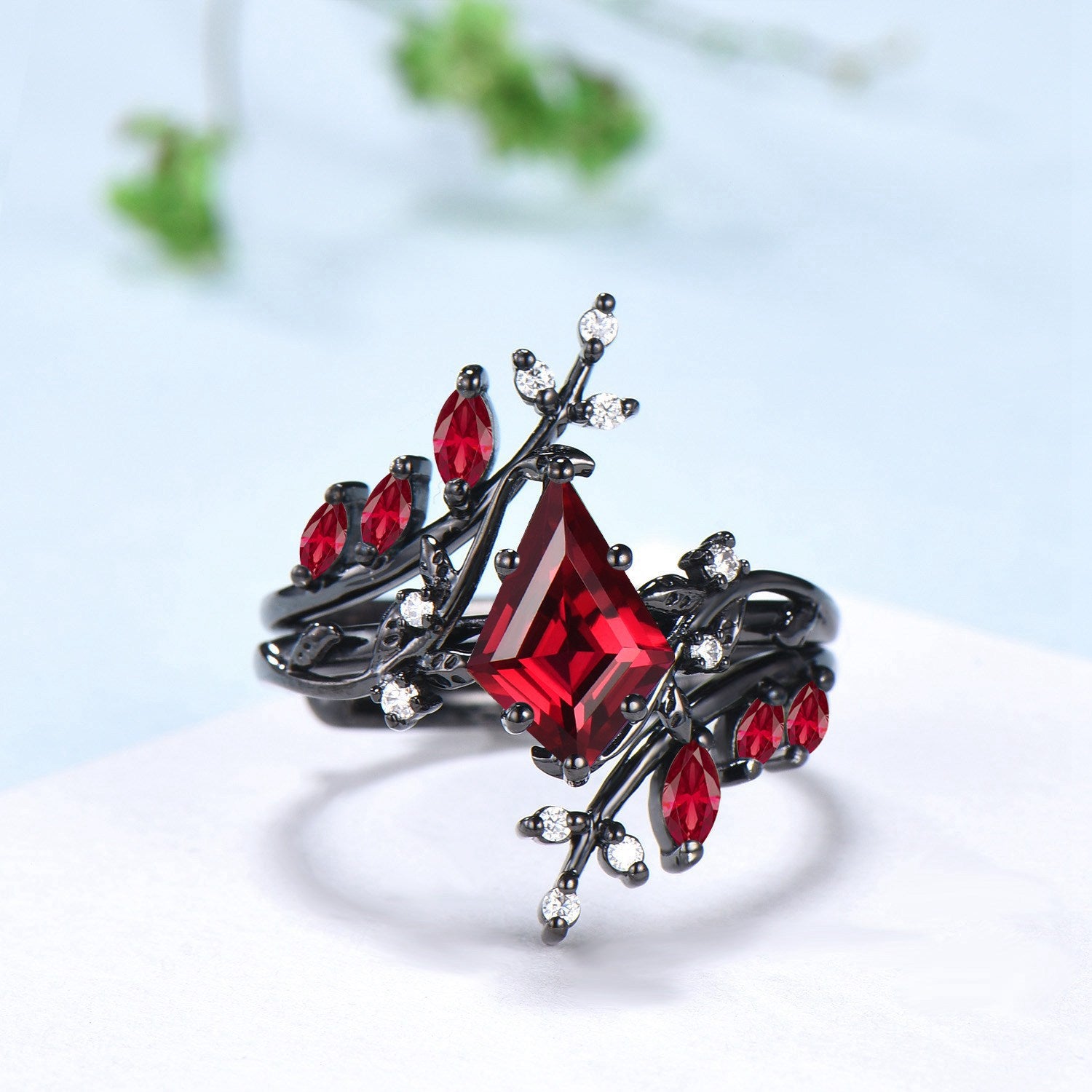 Nature Inspired Kite Cut Ruby Ring Set in Black Gold with Leaf Design - Gothic Engagement Ring for Knight Theme | Perfect for Weddings, Proposals & Medieval Fantasy Lovers