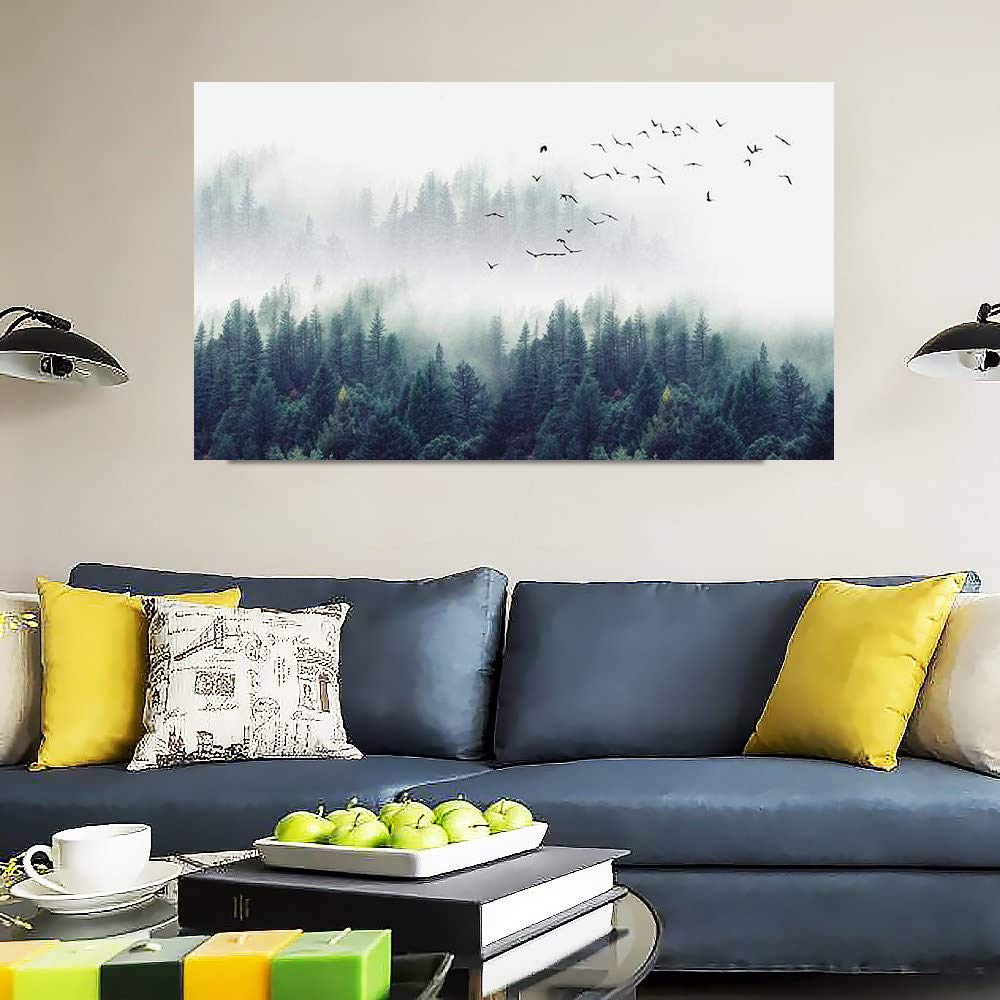 ZENDA Foggy Forest Wall Art - Mountain Landscape Painting with Birds - Framed Canvas Print for Living Room & Home Decor - Perfect for Nature Lovers & Cozy Spaces