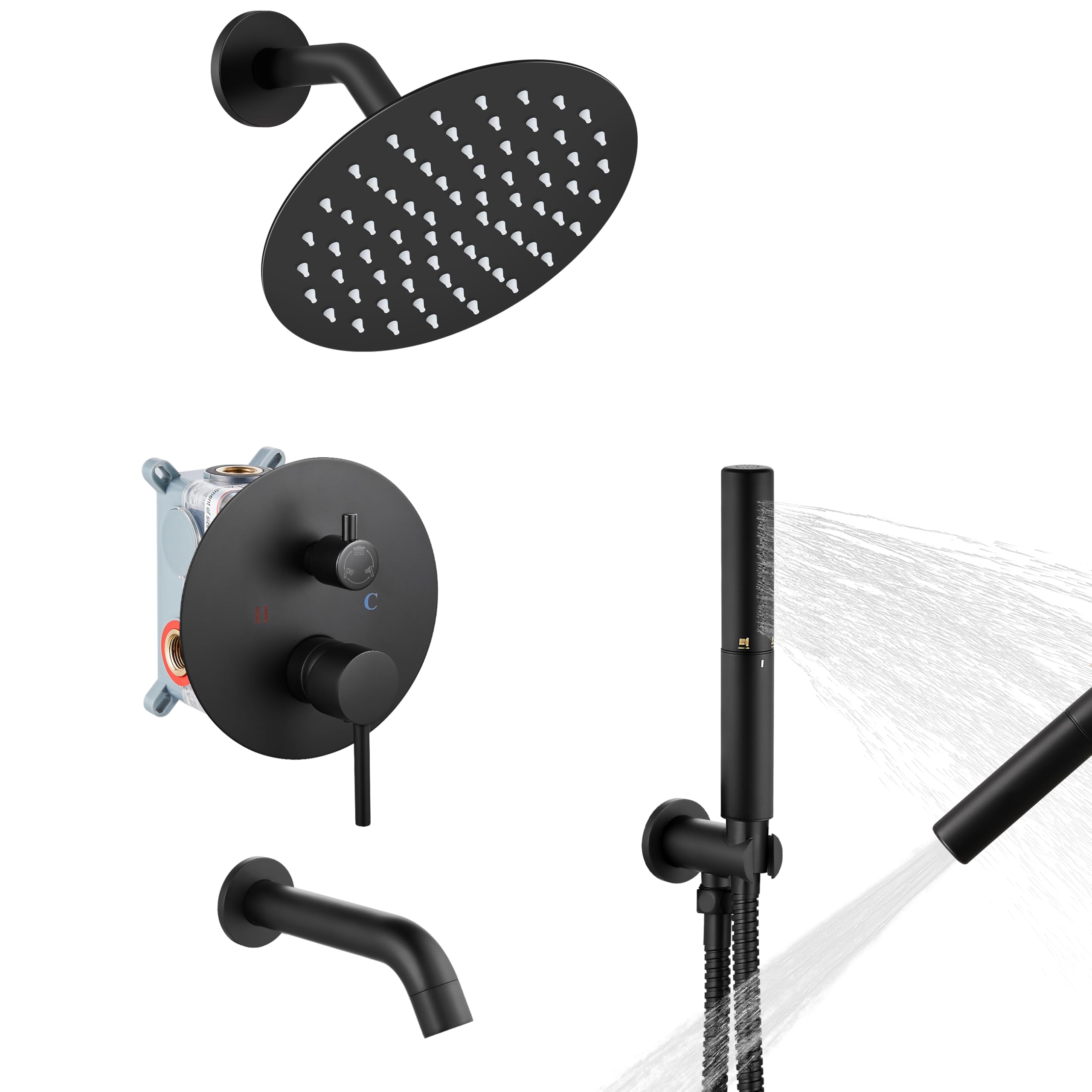 Premium Matte Black Round Shower System Set - 3-Function Rain Shower Faucet with 2-Function Handheld & 8-Inch Shower Head - Wall Mount Tub Spout Combo for Modern Bathrooms | Perfect for Spa-Like Relaxation & Daily Refreshment