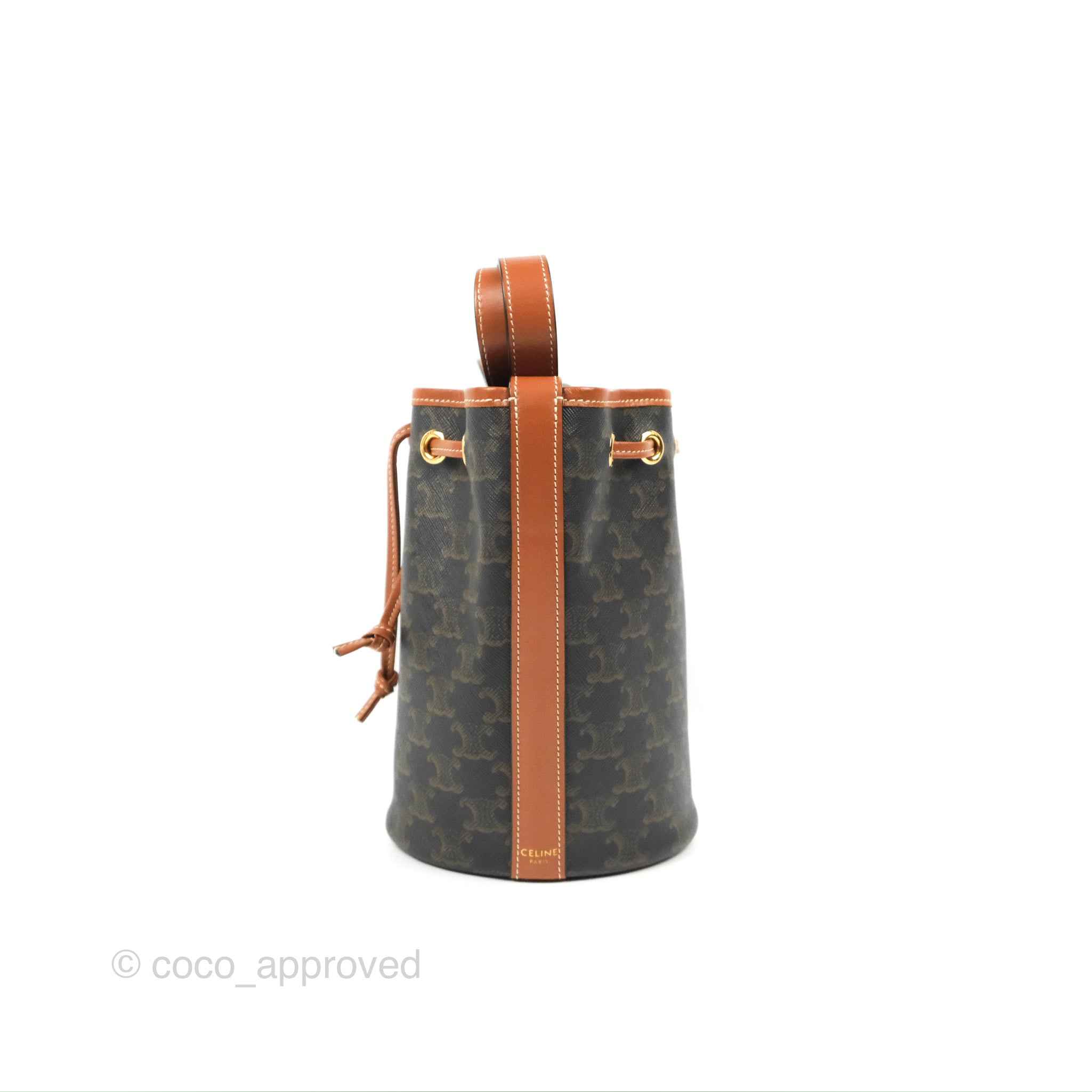 Celine Small Drawstring Bucket Bag in Triomphe Canvas & Tan Calfskin Leather - Perfect for Everyday Use, Travel & Casual Outings