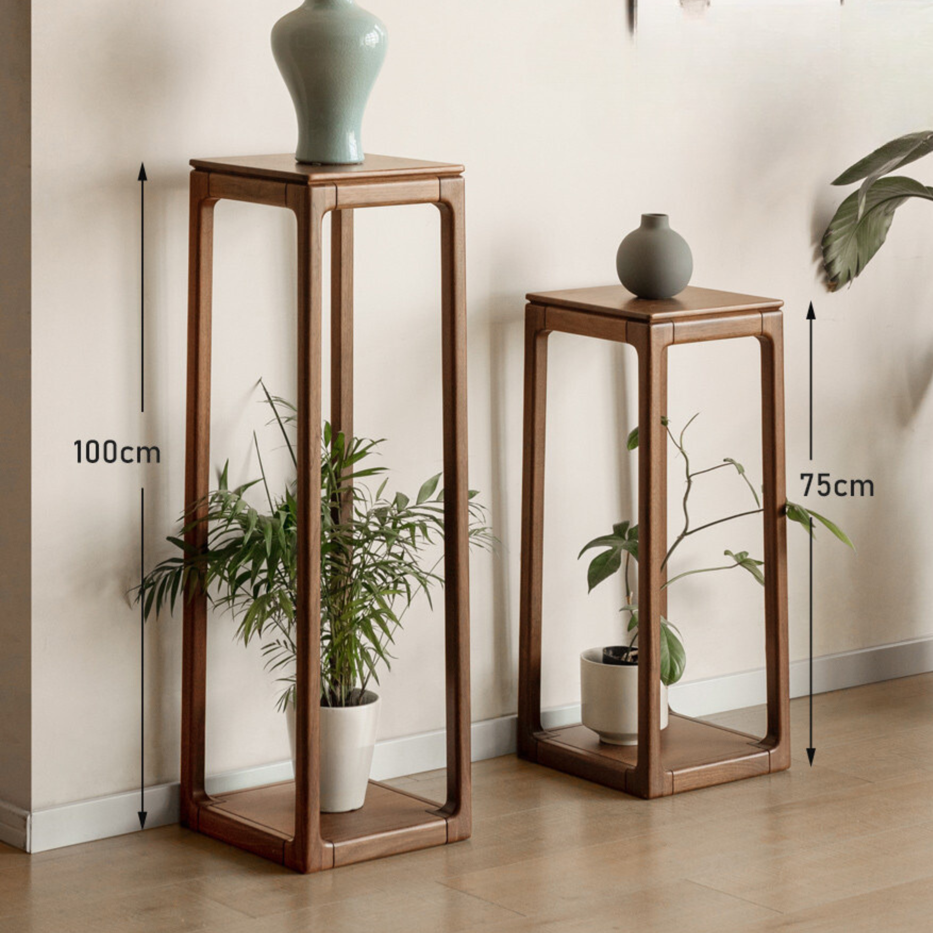 Premium Black Walnut Solid Wood 2-Tier Storage Shelf - Decorative Flower Stand for Living Room, Bedroom & Office Organization