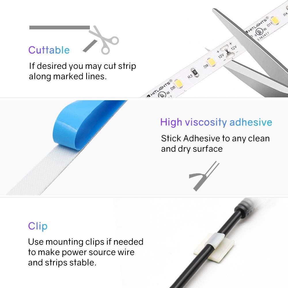 HitLights 8mm Monochrome 2835 LED Strip Connector with Warm White LED Light Strip - UL Certified for Home Decoration, Under Cabinet Lighting & DIY Projects
