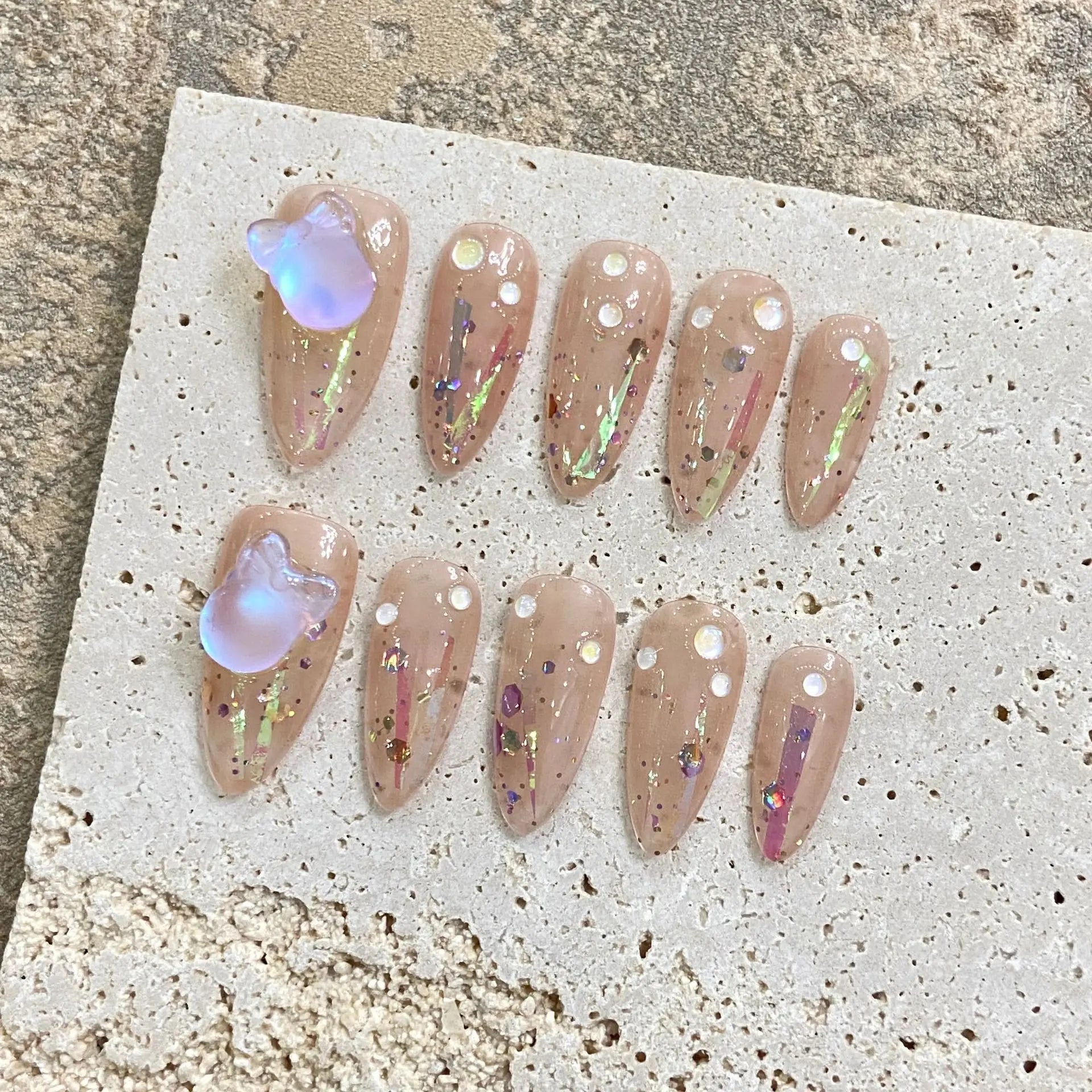 10Pcs Dreamy Ballerina Almond Handmade Gel Nail Glitter False Nails with Diamond Sweet Aurora French Press on Nail Manicure Tips - Perfect for Parties, Weddings, and Special Occasions