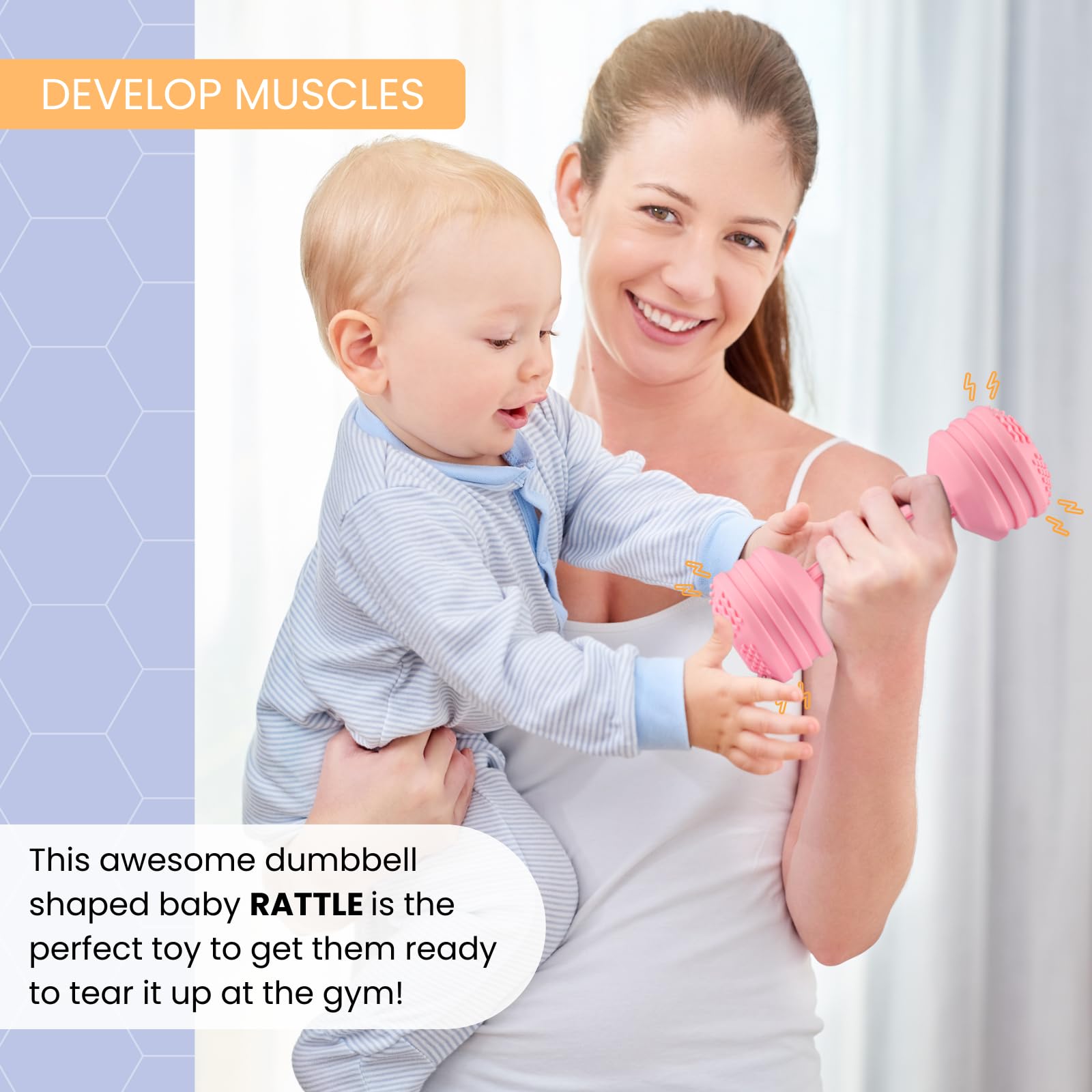 Baby Dumbbell Toy - Safe Silicone Teething & Sensory Rattle for Infants 0-12 Months | Developmental Learning Toy for Boys & Girls | Perfect Baby Shower Gift (Pink) - Ideal for Tummy Time, Early Motor Skills & Sensory Play