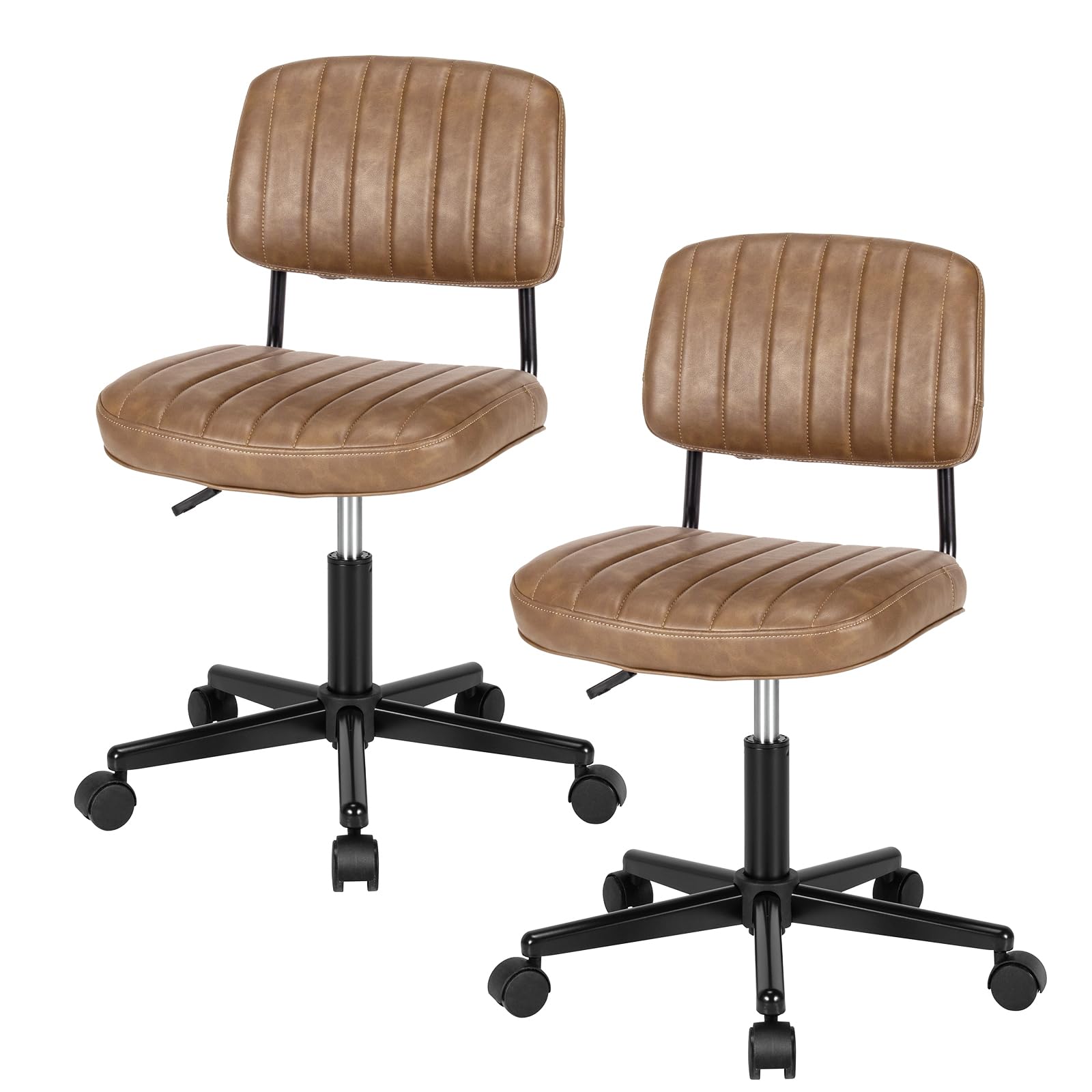 COSTWAY Armless Desk Chair with Wheels - PU Leather Low Back Computer Task Chair with Lumbar Support, Height Adjustable Rolling Office Chair for Home, Kids, Teens & Adults (Brown) - Perfect for Study, Work & Gaming