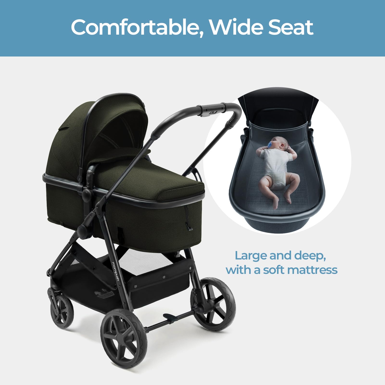 Mompush Wiz 2-in-1 Convertible Baby Stroller with Bassinet & Reversible Seat - Foldable Infant Travel System with Large UPF 50+ Sun Canopy | Perfect for Newborns, Toddlers & Everyday Use at Parks, Shopping & Travel