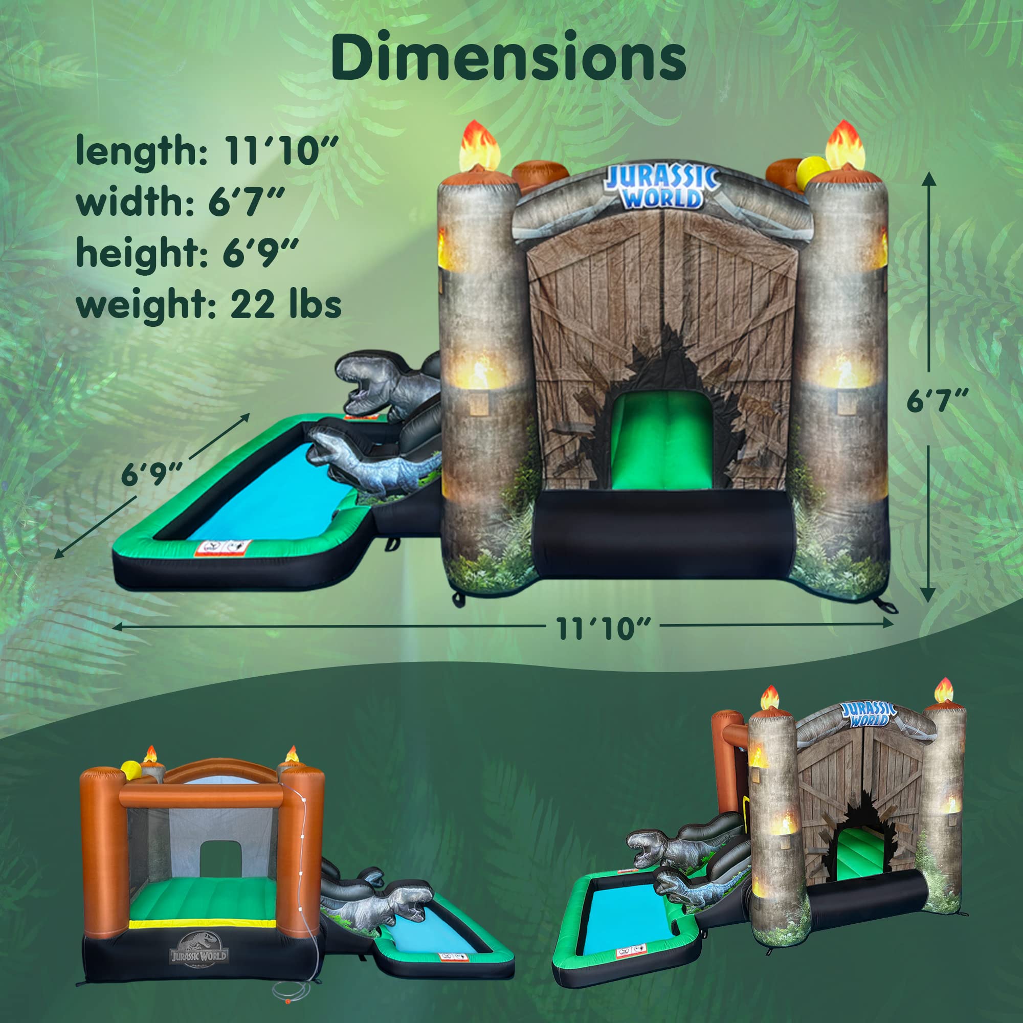 Jurassic World Dinosaur Bounce House with Water Slide & Ball Pit - Indoor/Outdoor Inflatable Bouncer Castle for Kids 3-8 | Includes GFCI Air Blower & Pool | Perfect for Birthday Parties, Backyard Fun & Summer Water Play
