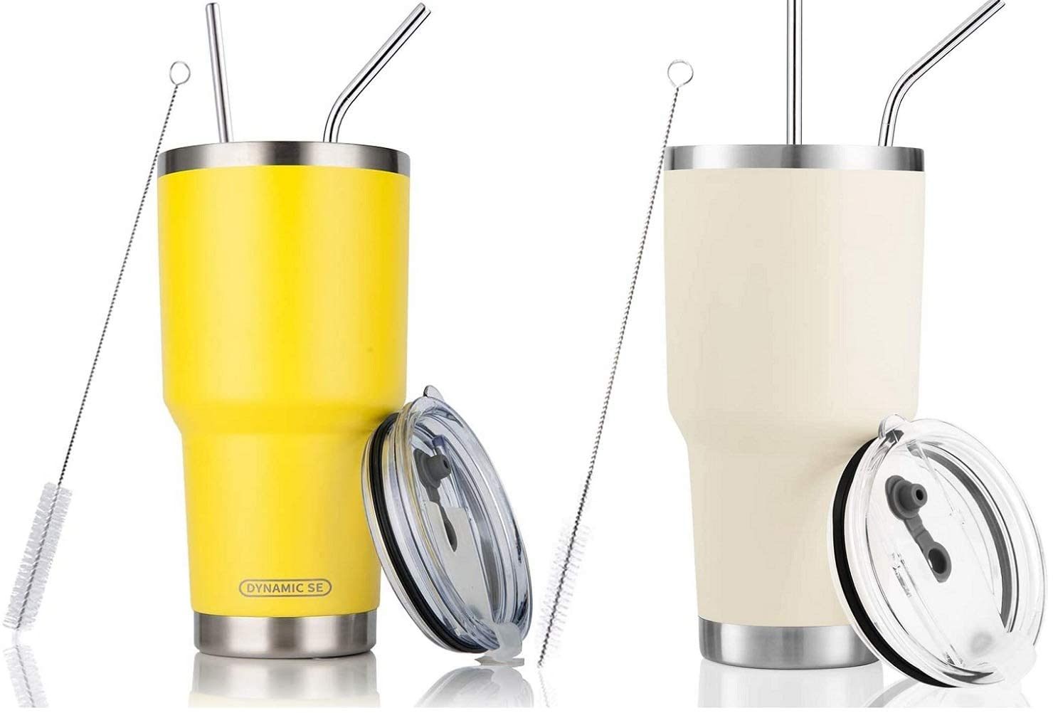 30oz Insulated Stainless Steel Tumbler with Straw Lid & Cleaning Brush - Yellow & Cream Double Wall Vacuum Cup for Hot & Cold Drinks - Perfect for Office, Gym, Travel and Outdoor Activities