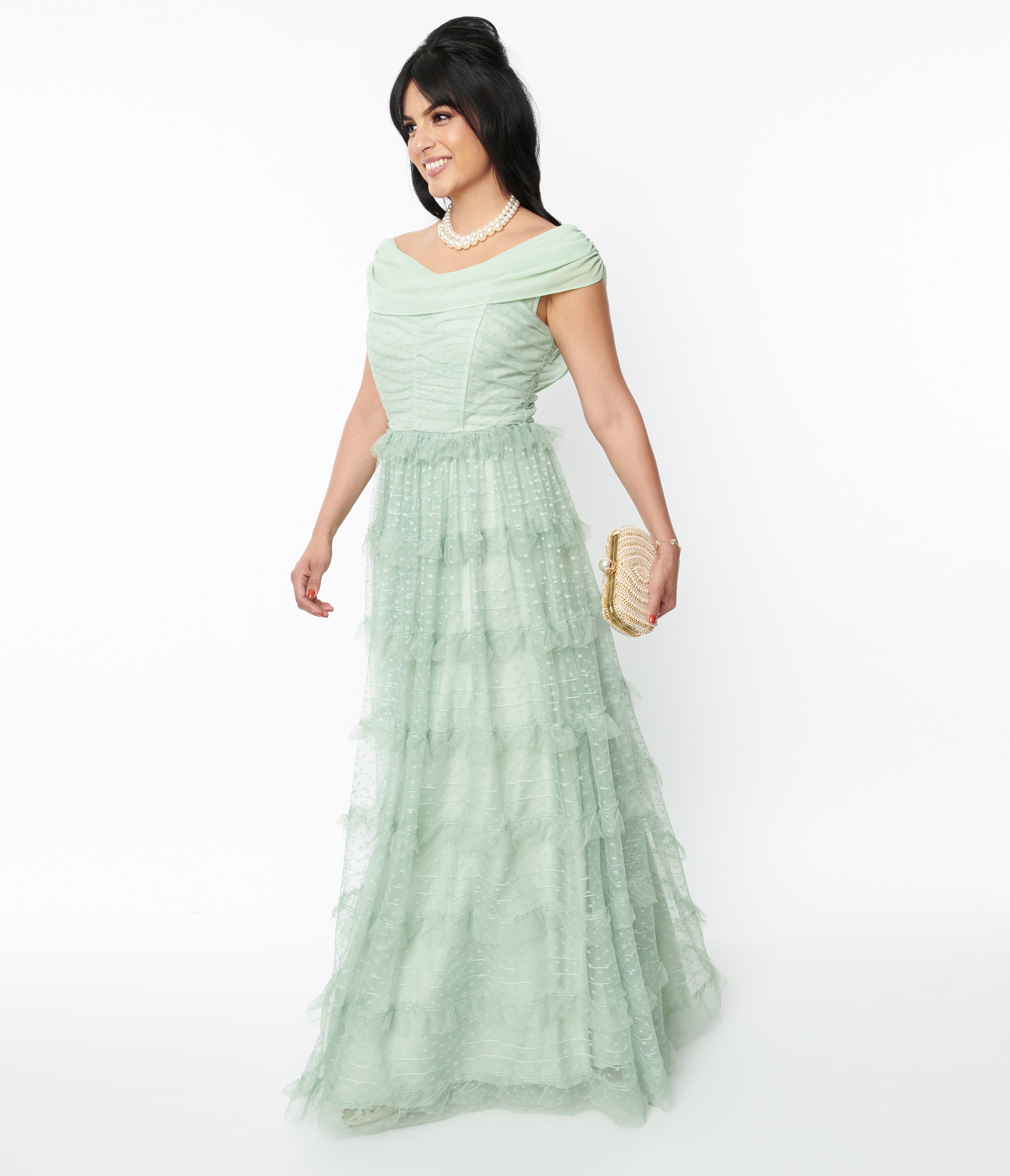 Vintage 1950s Mint Green Polka Dot Off-Shoulder Cocktail Dress - Retro Swing Dress for Parties, Weddings & Special Occasions