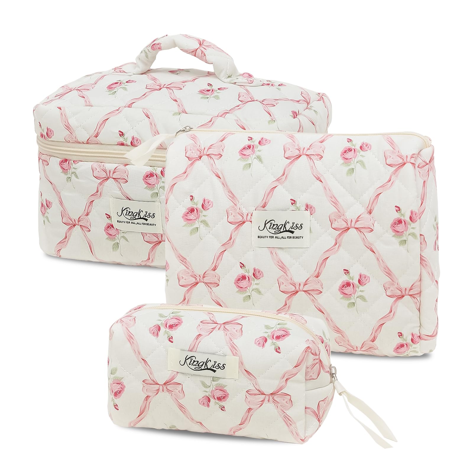 KingKiss 3-Piece Quilted Floral Makeup Bag Set - Large Capacity Travel Cosmetic Organizer for Women & Girls (Pink) - Perfect for Travel, Gym, Daily Use & Gift Giving