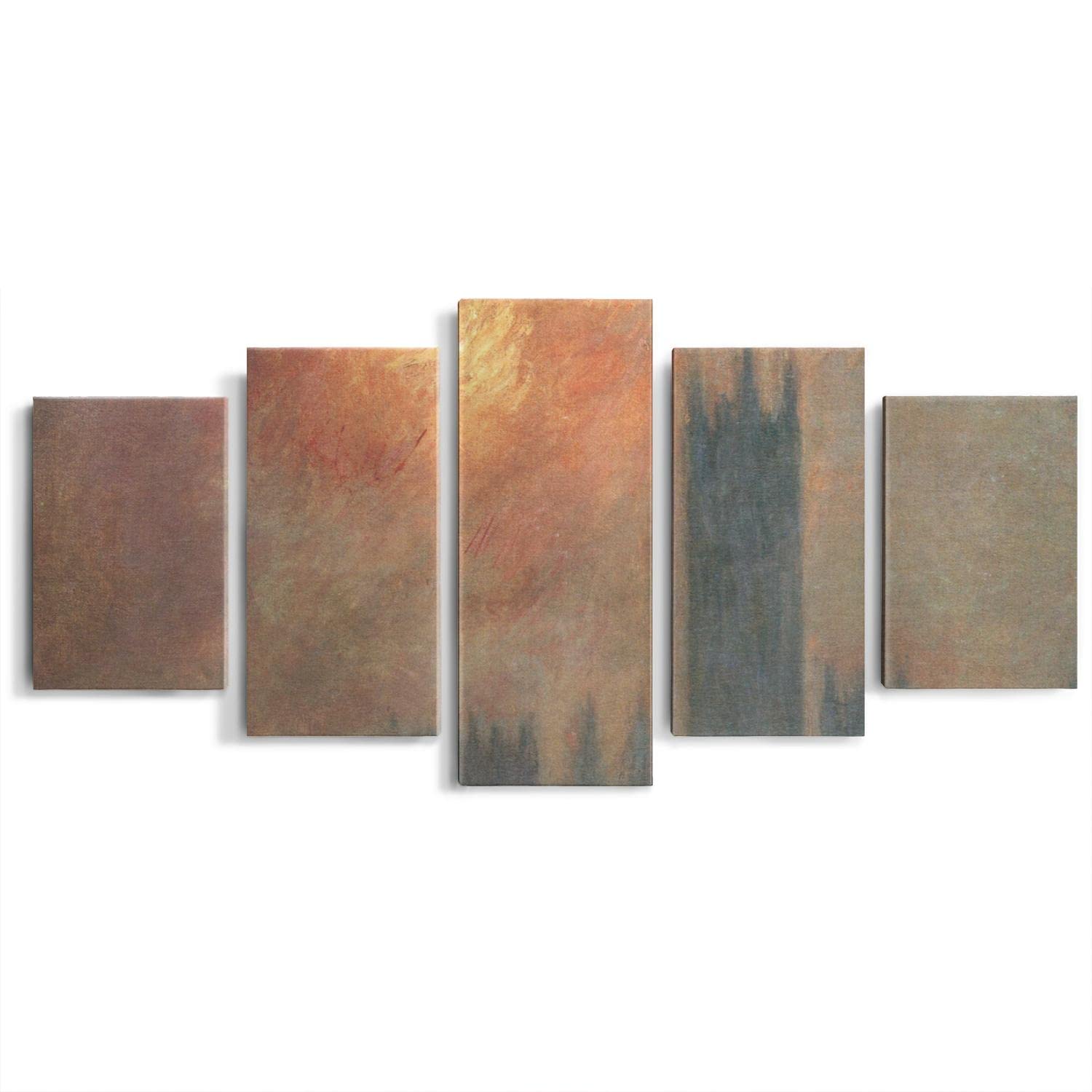 5-Piece Claude Monet Houses of Parliament Sunset Canvas Prints - Framed Wall Art for Bedroom, Living Room & Office Decor - Ready to Hang Impressionist Landscape Paintings