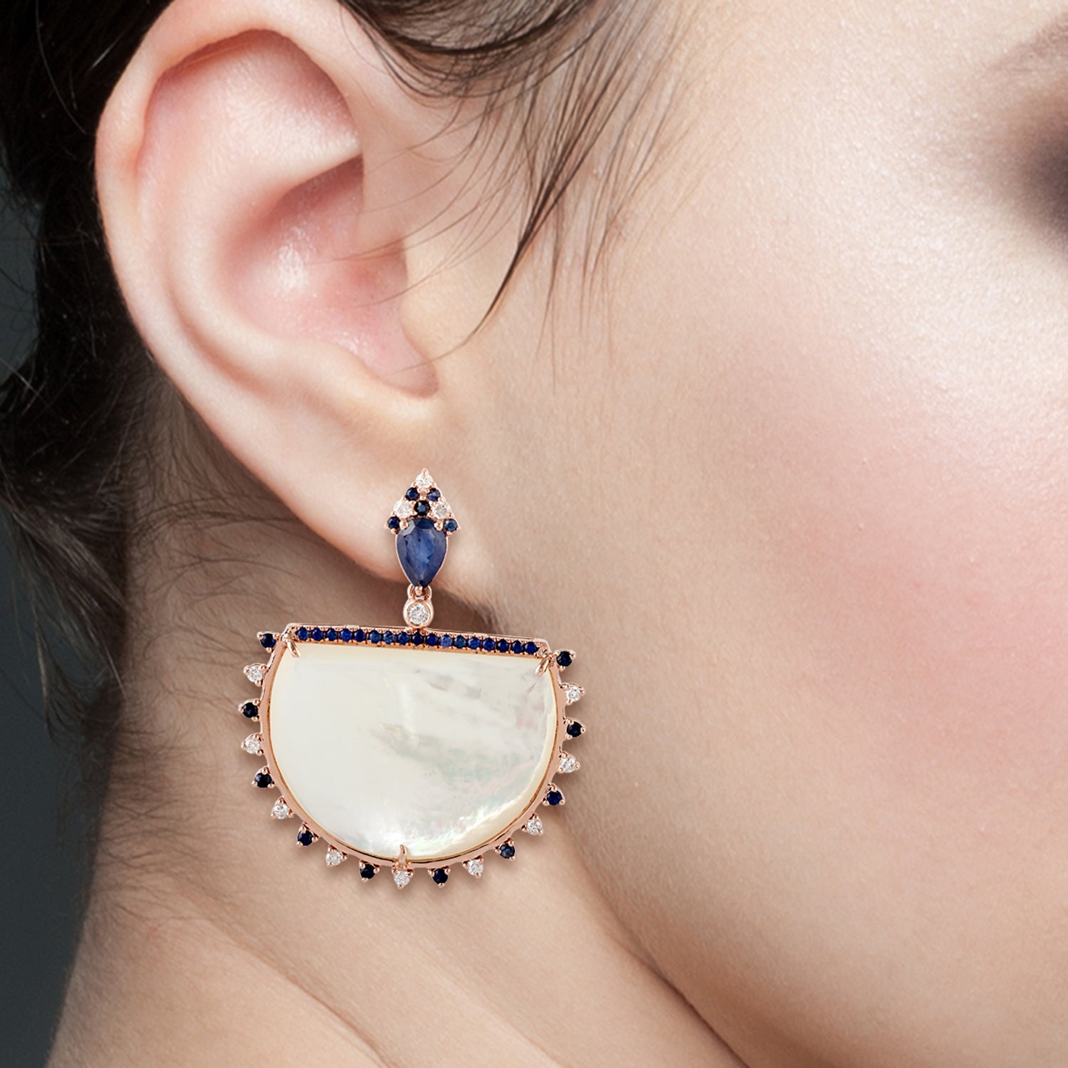 Fancy Cut Mother of Pearl Prong Set Blue Sapphire Pave Diamond Dangle Earrings in Rose Gold - Elegant Dangling Earrings for Women, Perfect for Weddings, Parties & Special Occasions