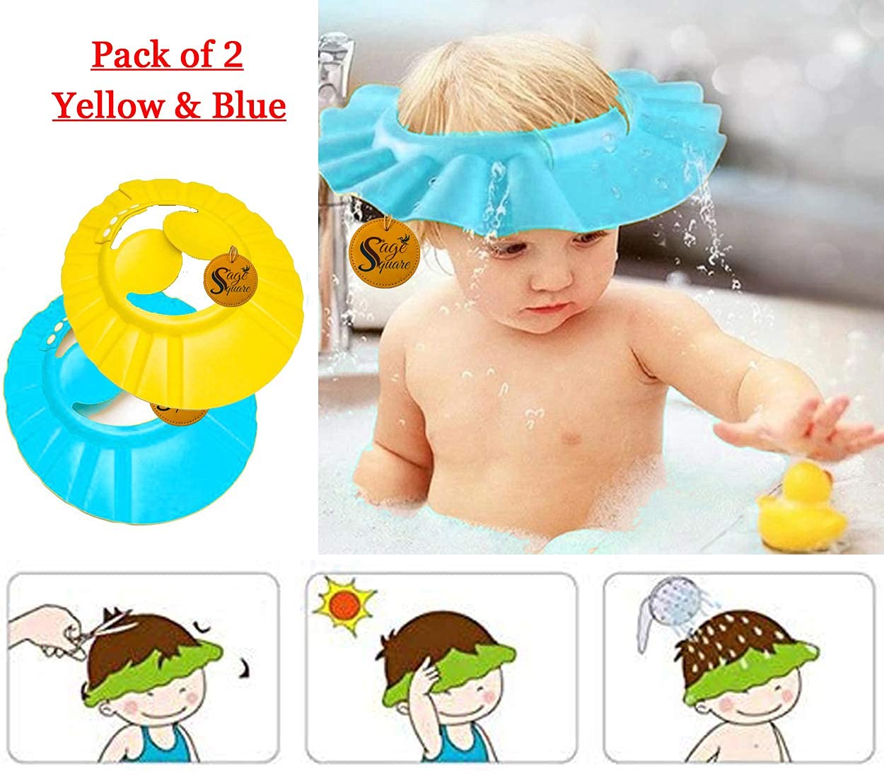 Sage Square Adjustable Baby Shower Cap with Ear Protector - Soft & Safe Bathing Hat for Infants (Blue & Yellow, Pack of 2) - Perfect for Gentle Hair Washing, Bath Time & Toddler Water Play