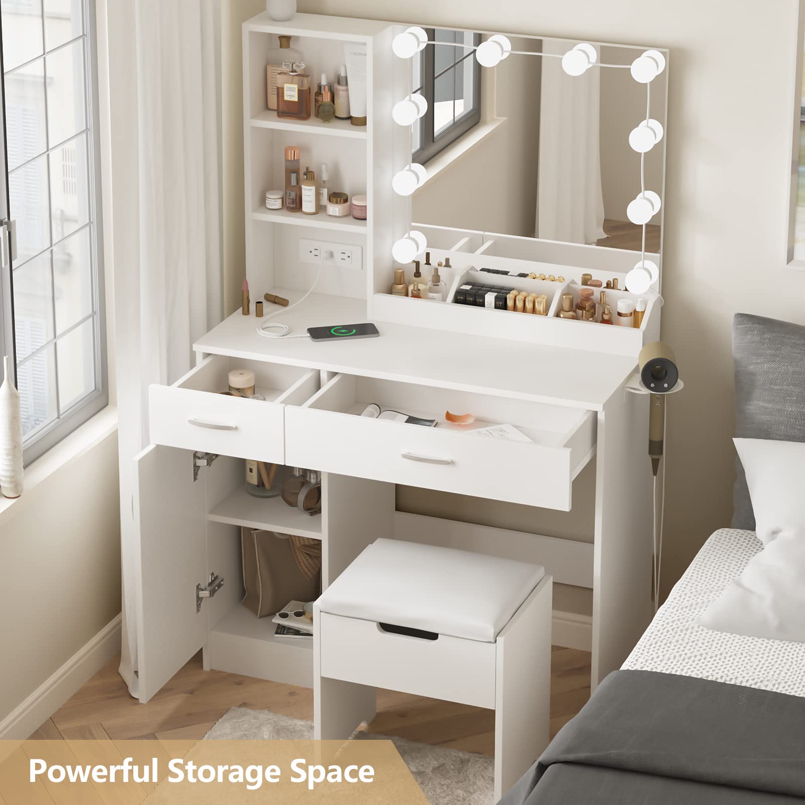 Fameill White Makeup Vanity Desk with LED Lighted Mirror, Power Strip & Storage - 2 Drawers, 3 Lighting Colors, 35.4 Inch - Perfect for Bedroom, Dressing Room & Beauty Salon Makeup Application