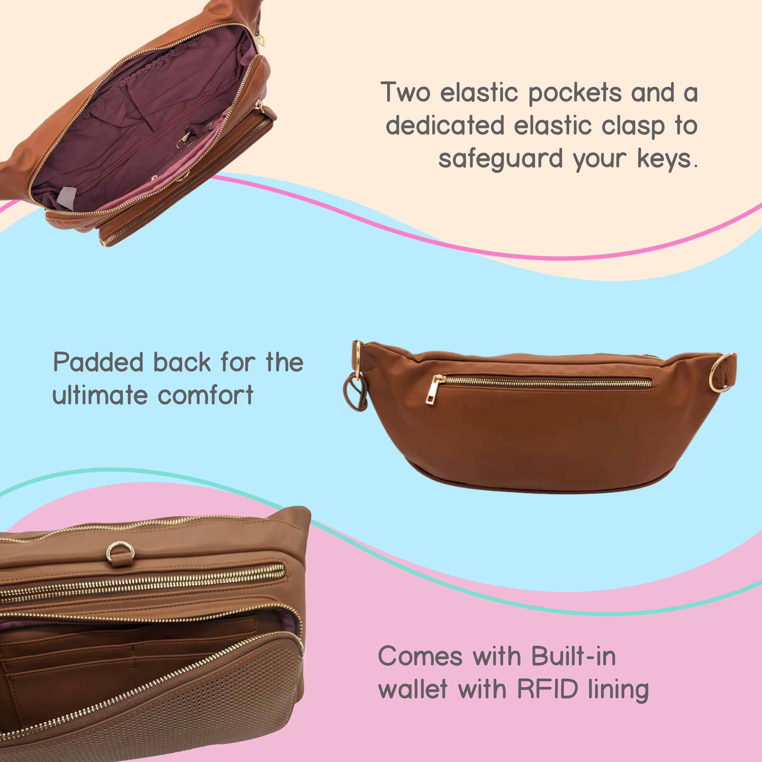 Designer Park Company - Women's Leather Crossbody Bag with Adjustable Strap & Locking Pins, Fashionable Fanny Pack Sling Bag for Theme Park, Travel, Shopping & Daily Use - Fawn Brown