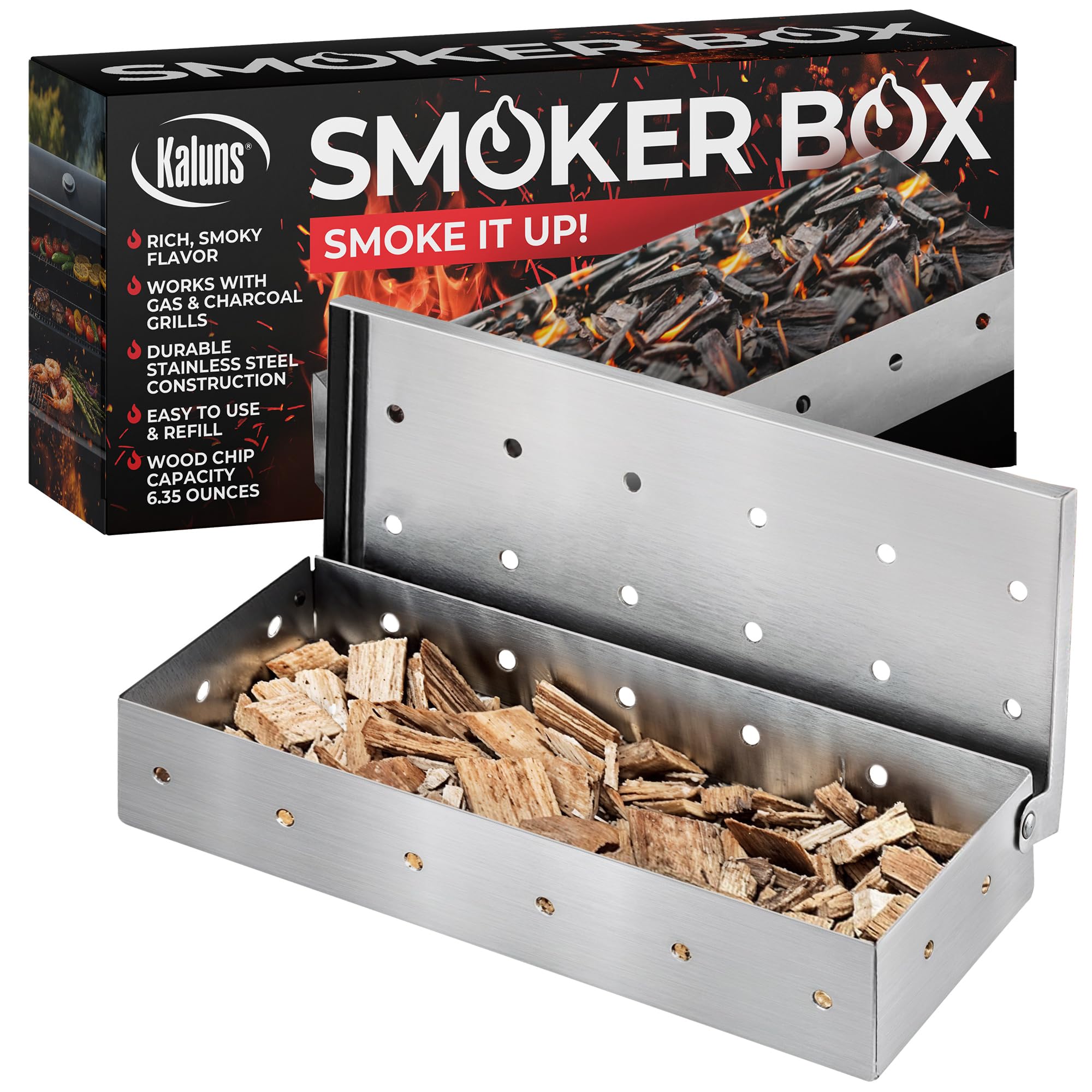 Premium Stainless Steel Smoker Box for Gas & Charcoal Grills - Universal Wood Chip Smoker Box with Hinged Lid for Delicious BBQ Flavor - Perfect for Backyard Grilling, Camping & Outdoor Cooking Accessories