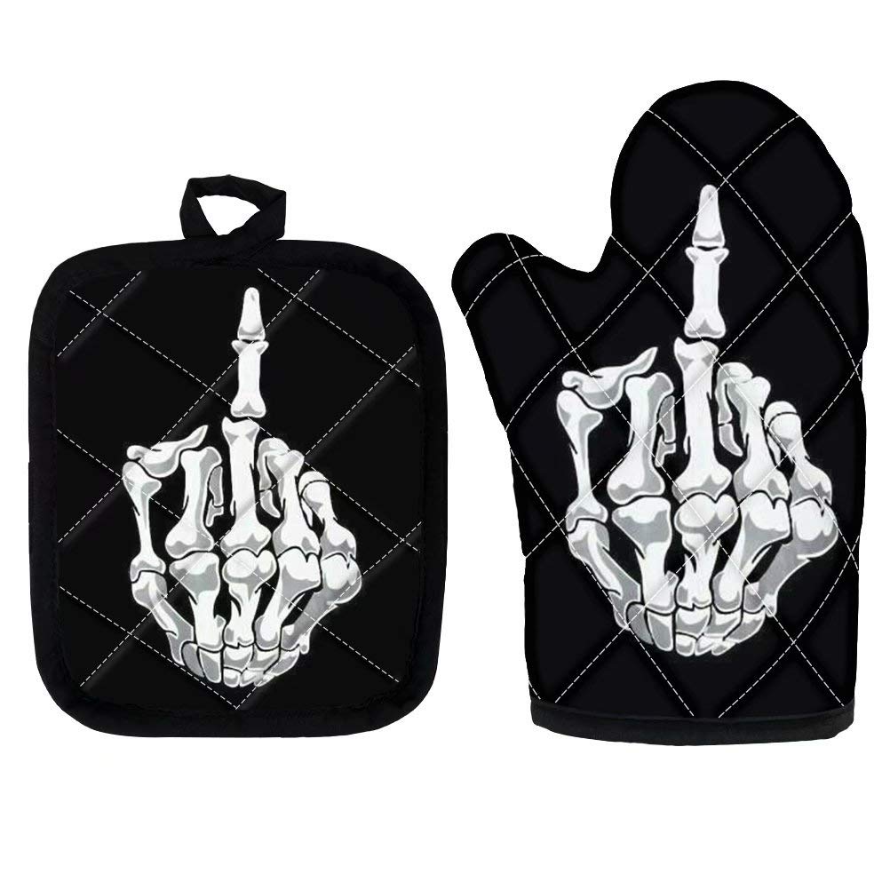 KUIFORTI Funny Skull Skeleton Printed Heat Resistant Kitchen Gloves & Pot Holder Set - 2 Pack Oven Mitts for Baking, Cooking, Grilling, BBQ - Halloween Decor & Kitchen Safety Accessories for Home, Party, Gifts