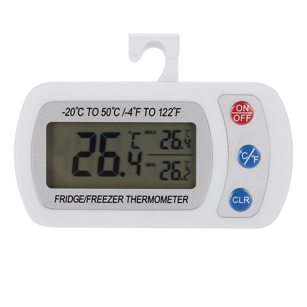 Digital Refrigerator Freezer Thermometer with Large LCD Display - Adjustable Stand & Hanger for Kitchen, Home, Restaurant Use - Monitor Food Safety in Fridge, Freezer, or Cold Storage Rooms