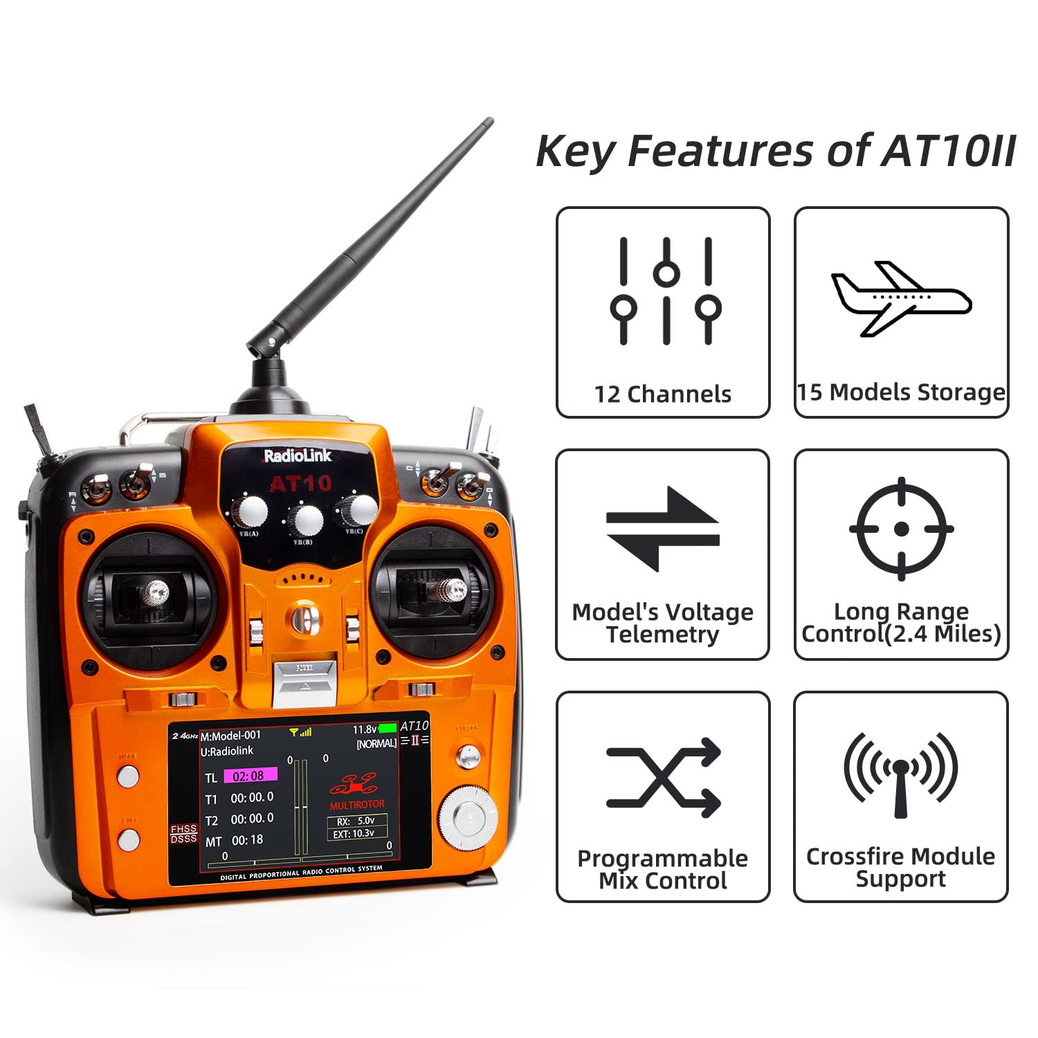 Radiolink AT10II 2.4Ghz 12 Channel RC Transmitter with 2 R12DS Receivers - Long Range Radio Controller for RC Airplanes, Drones, FPV, Quadcopters & Helicopters (Mode 2 Left Hand Throttle) | Perfect for Aerial Photography, Racing & Hobby Flying