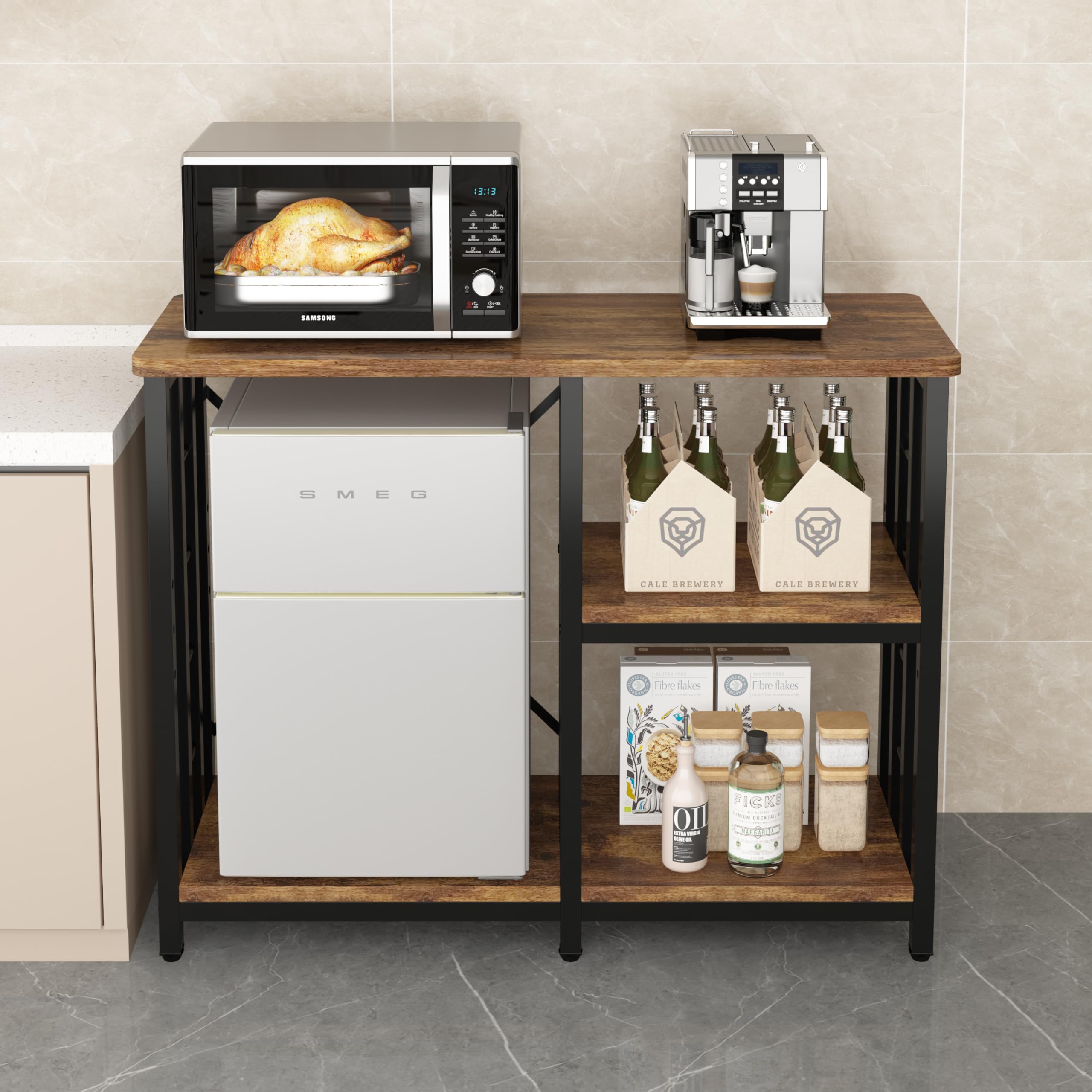 4-Tier Kitchen Baker's Rack with Microwave Stand & Mini Fridge Storage - Rustic Brown Kitchen Organizer Shelf for Spices, Utensils, and Food - Perfect for Coffee Bar, Fish Tank Stand (20-29-37 Gallon), and Small Appliance Organization in Compact Spaces