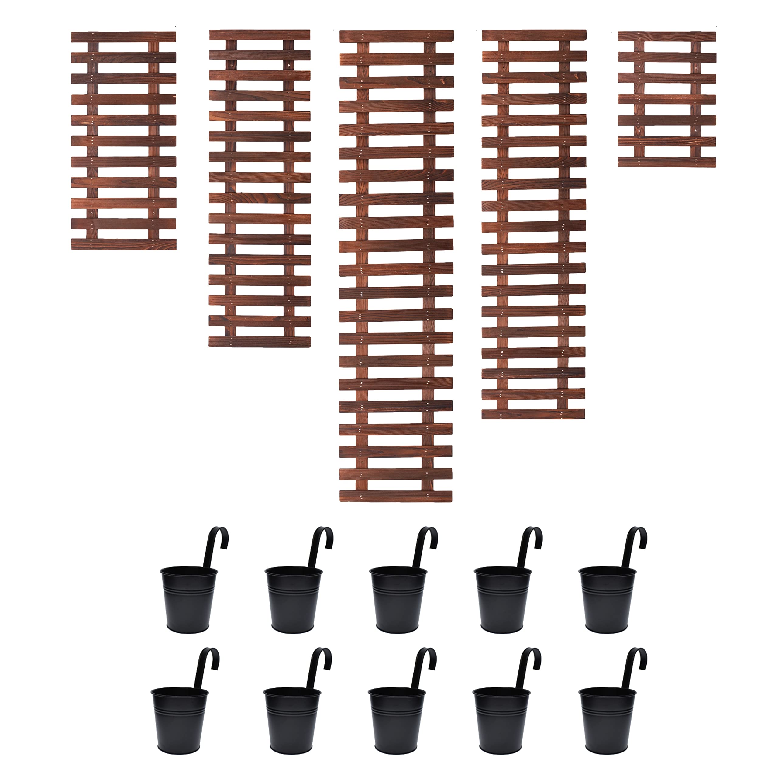 10-Pack 4 Inch Black Metal Flower Pots with 5-Piece Wooden Plant Holder Set - Super Value Vertical Garden Kit for Herbs, Succulents & Indoor Plants | Perfect for Wall Mounted Decor, Green Walls & Home Gardening