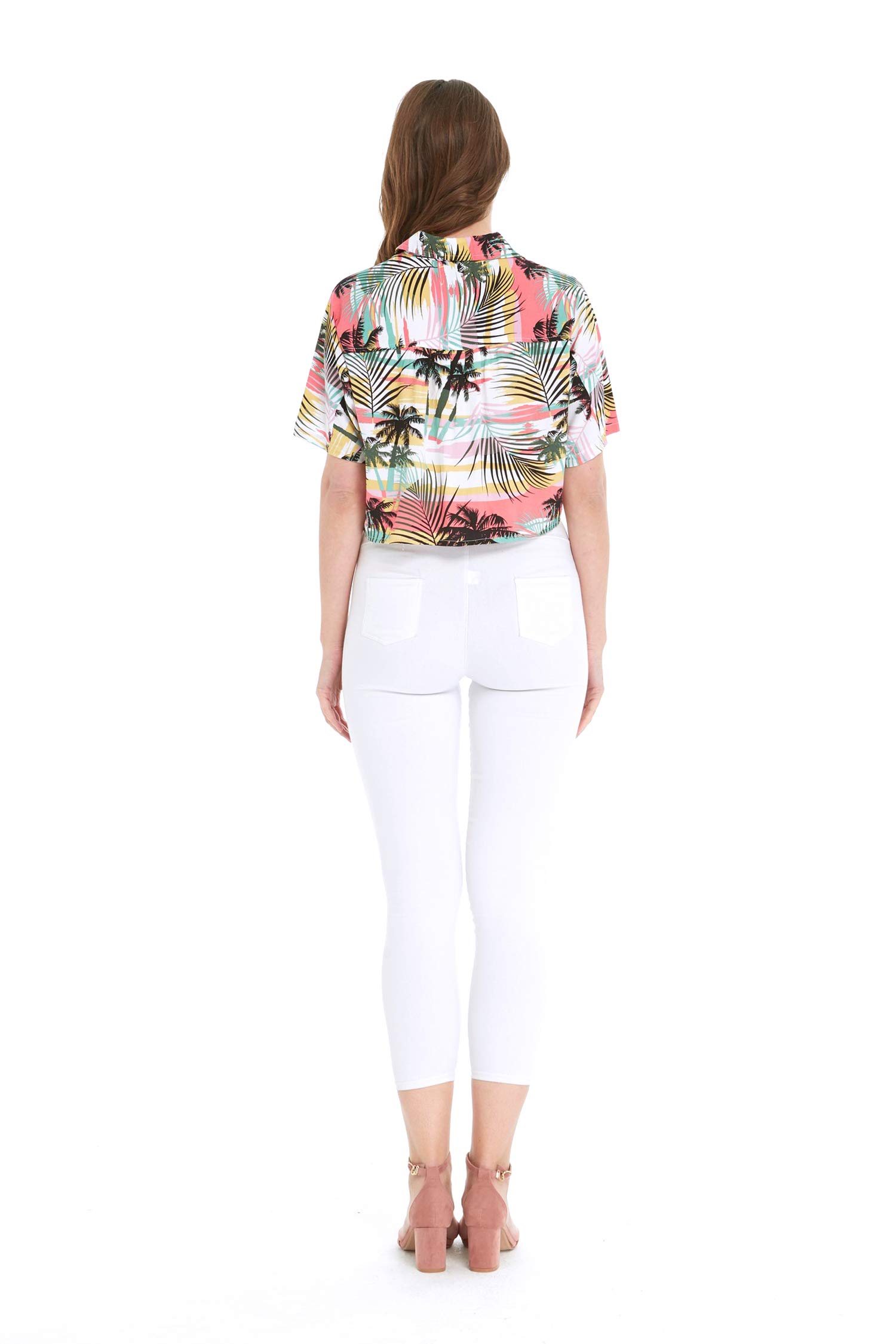 Women's Hawaiian Aloha Shirt - Floral Print Tie Front Crop Top for Summer Beach Vacation, Sunset Colors, Casual Boho Outfit