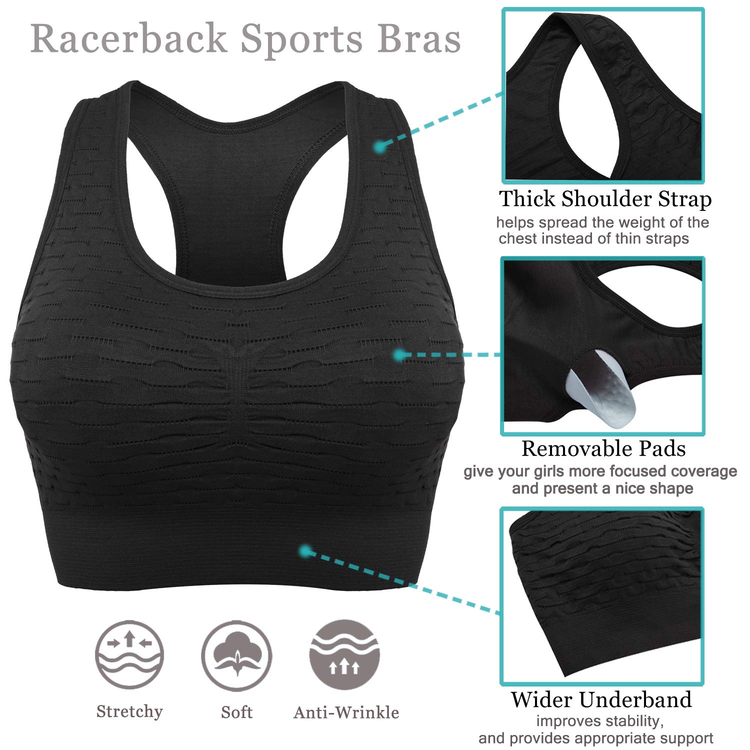 1 or 2 Packs Women's Racerback Sports Bras - Lace Front, Adjustable Cross Straps & Side Buckle - Padded Yoga Bra for Workout & Gym - Perfect for Running, Yoga & Fitness Activities