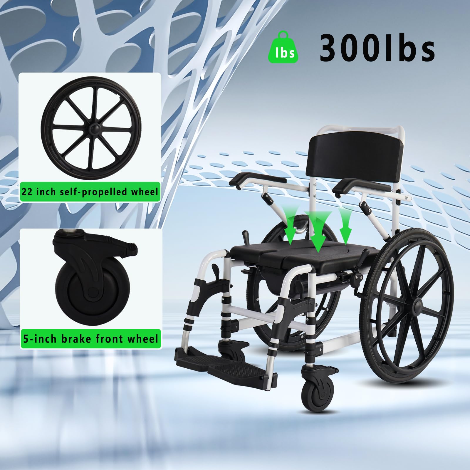Portable Folding Shower Commode Wheelchair - 300lbs Capacity Waterproof Rolling Toilet Chair with Padded Seat, Armrests & Backrest - Mobility Aid for Small Bathrooms & Tight Spaces (Blue) - Ideal for Elderly Care, Post-Surgery Recovery & Home Healthcare Use