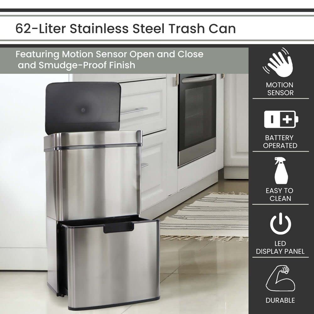 Hanover Home 16.4 Gallon Stainless Steel Motion Sensor Trash Can with Pull-Out Recycling Bin - Fingerprint-Resistant Kitchen Garbage Bin for Home & Office Use (62L) - Perfect for Waste Management in Modern Kitchens, Pantries & Break Rooms