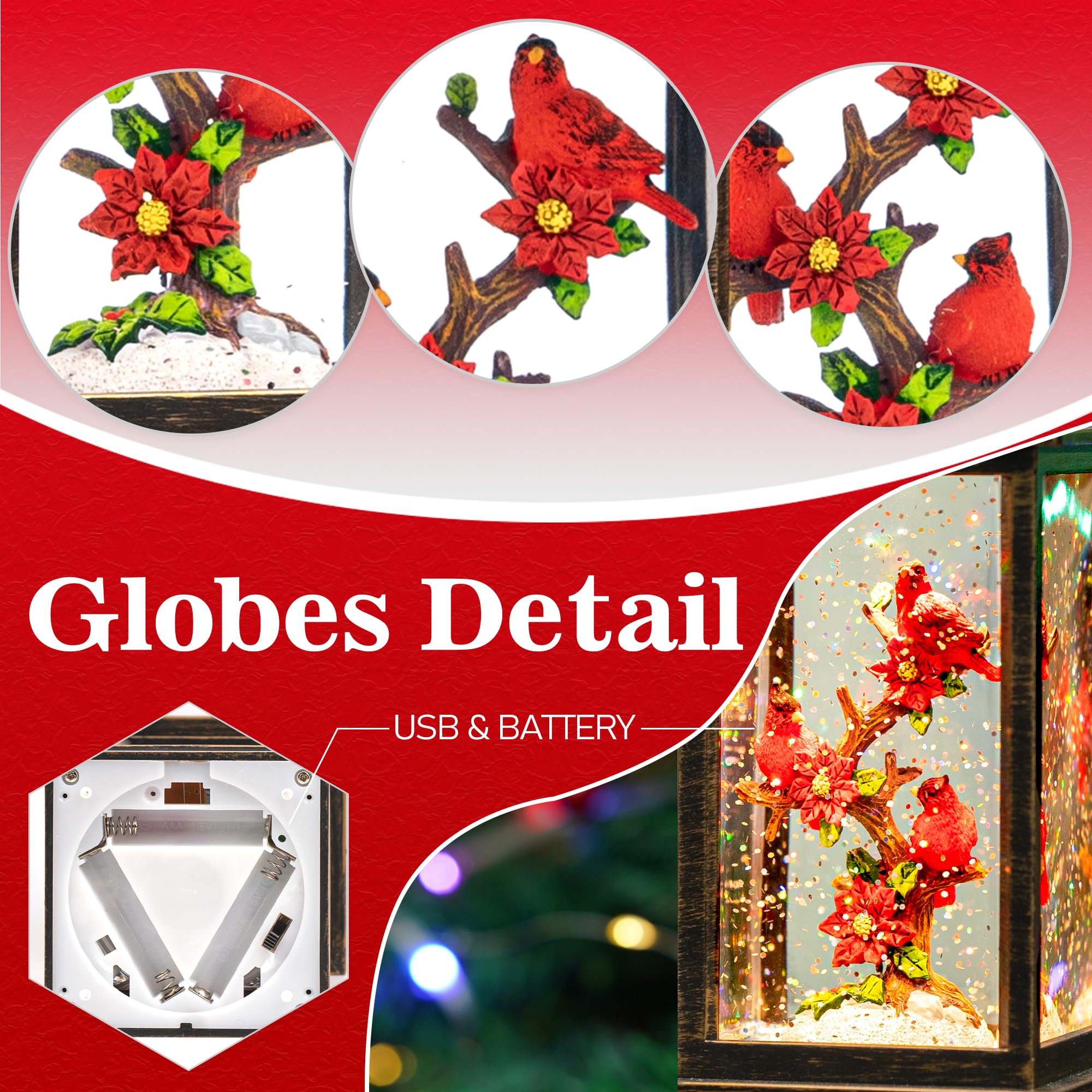 Christmas Snow Globe Lantern with Cardinal - Musical 6H Timer USB/Battery Operated Lighted Decor for Home, Holiday & Festival - Perfect for Christmas Tree Decorations, Gift Giving & Winter Home Accents