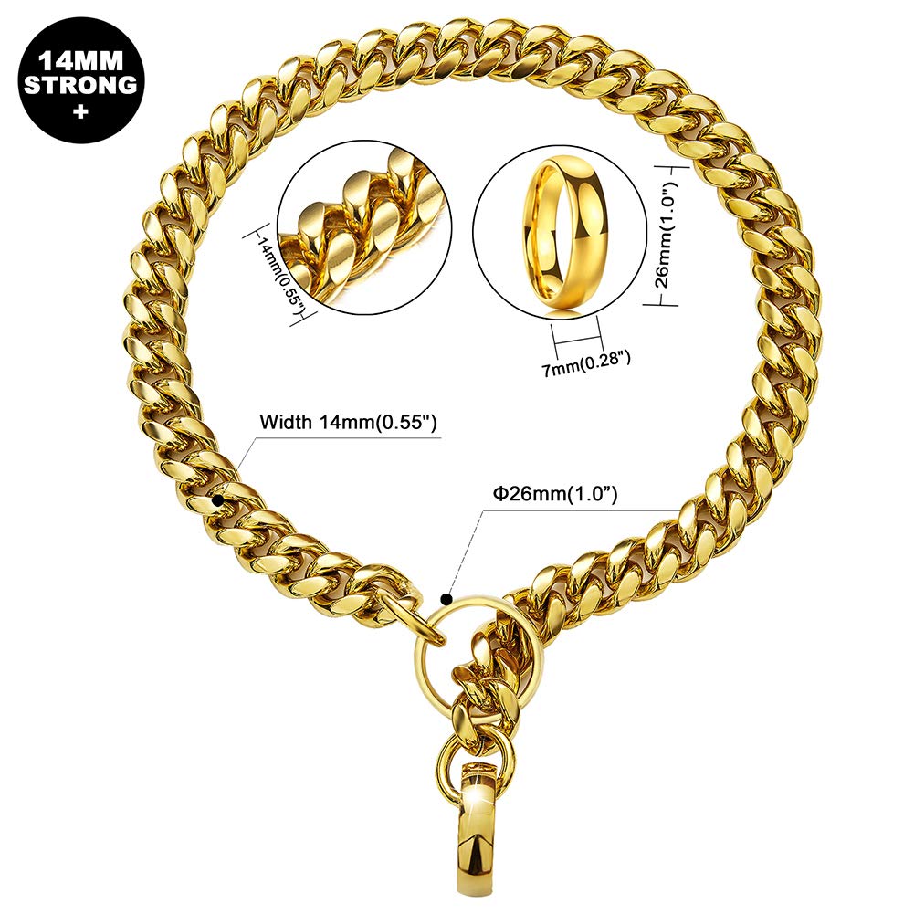 18K Gold Over Stainless Steel Heavy Duty Martingale Dog Collar - 14MM Cuban Link Chain for Large Breeds (12