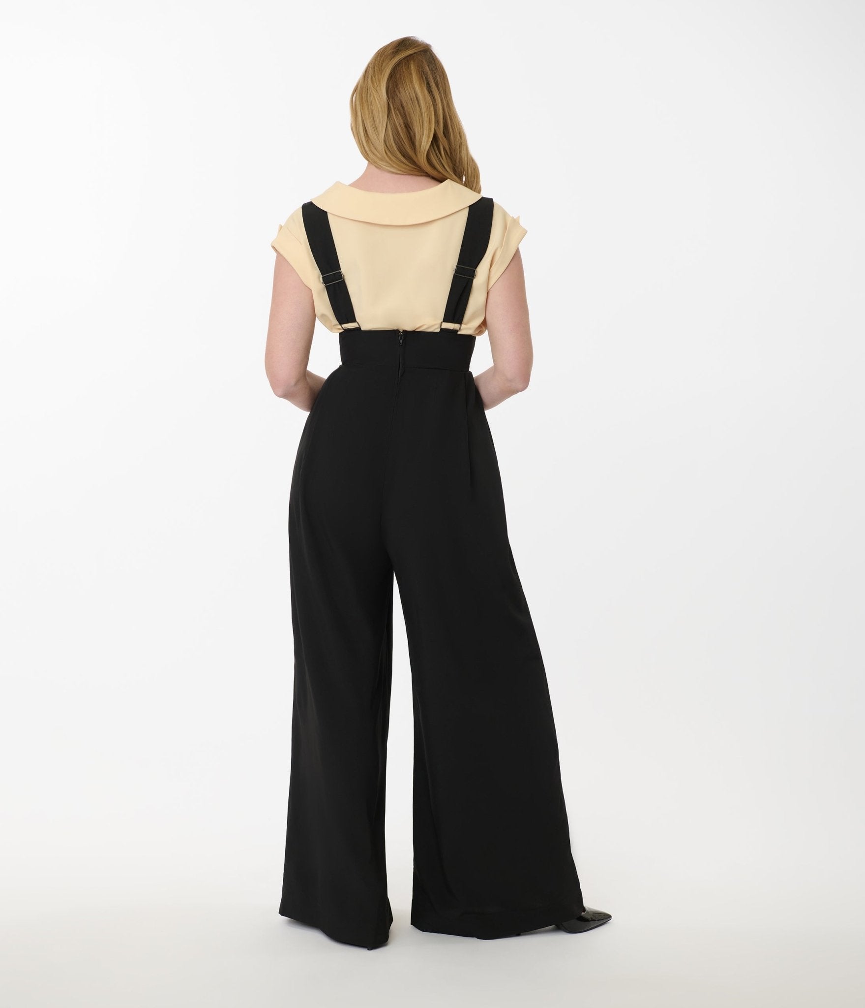 Vintage Black Wide Leg Rochelle Suspenders Pants for Women - Retro High Waisted Trousers with Adjustable Straps - Perfect for 1920s Themed Parties, Cosplay & Vintage Fashion Lovers