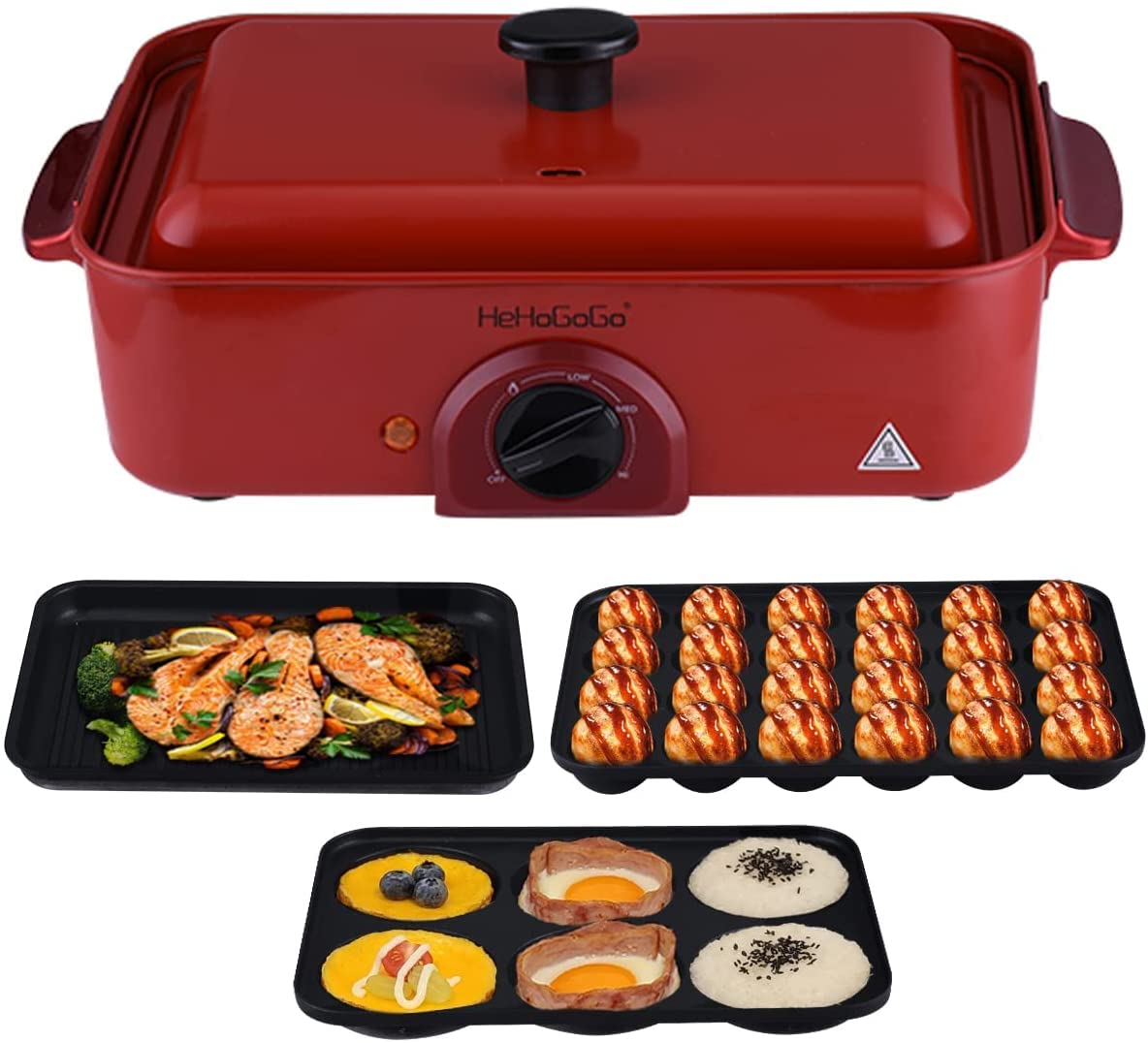 3-in-1 Electric Griddle & Skillet Set - Nonstick Baking Pan, Takoyaki Maker & Pancake Maker with 3 Interchangeable Plates (Red) - Perfect for Breakfast, Desserts & Party Snacks