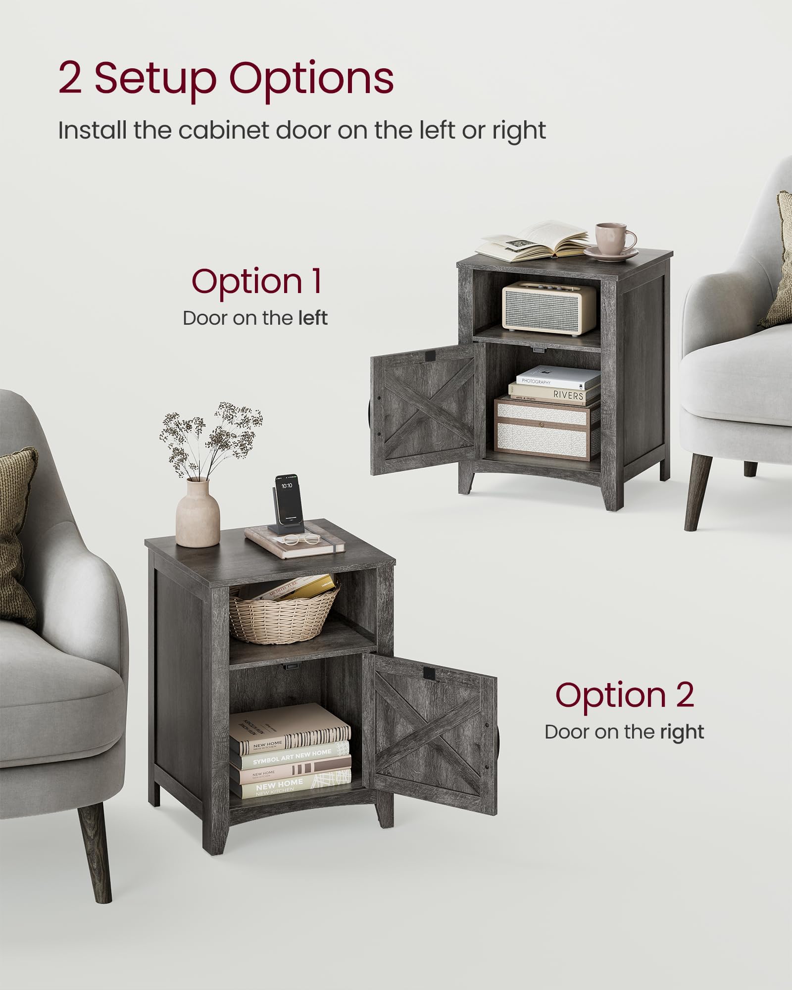VASAGLE Farmhouse Nightstand with Barn Door - Set of 2, Rustic Bedside Table with Storage Shelf & Open Compartment, End Table for Bedroom, Living Room or Office - Misty Gray ULET809G68 | Perfect for Small Spaces & Home Decor