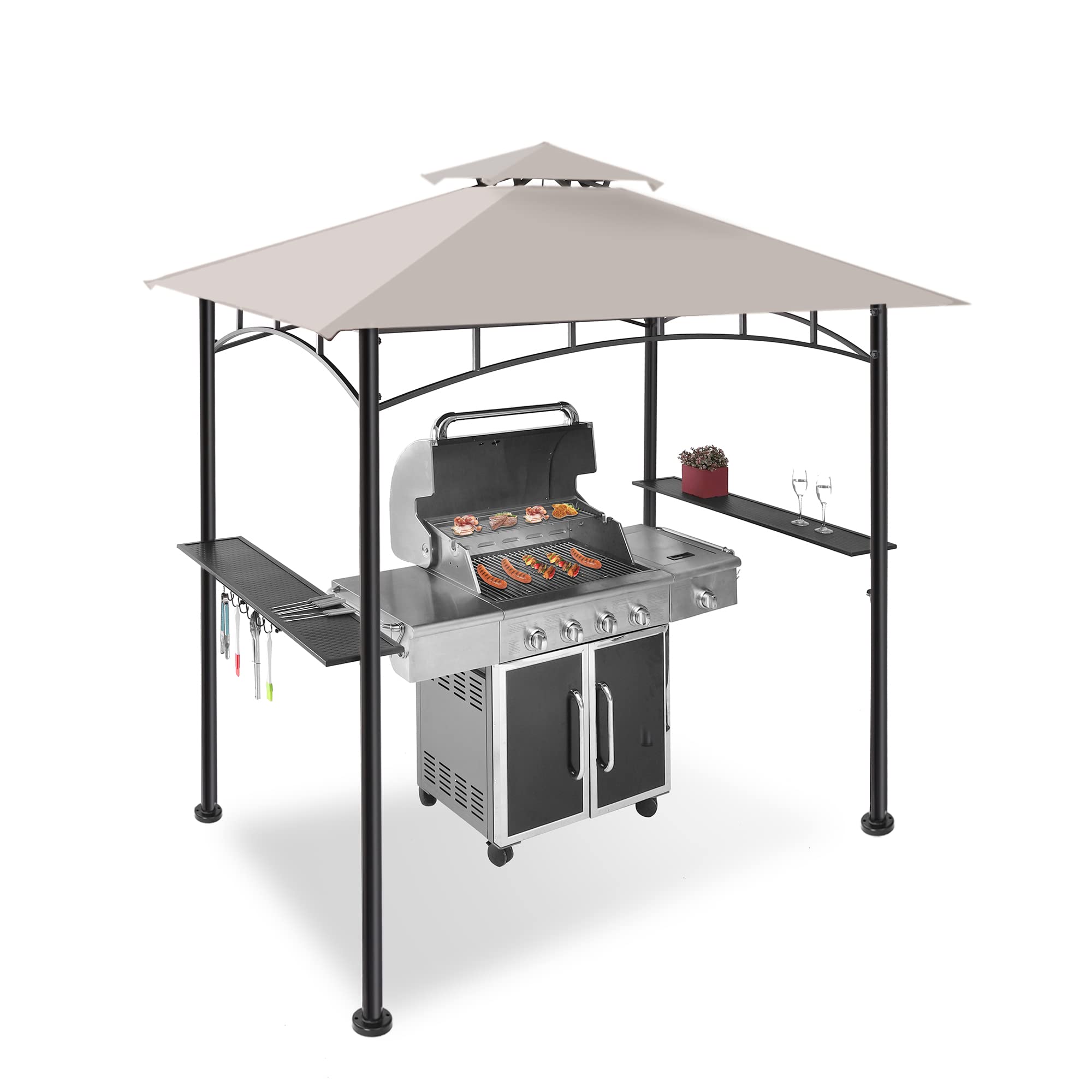5x8 Grill Gazebo Canopy with Shelves & 2 LED Lights - Waterproof Outdoor BBQ Shelter for Patio, Backyard, Garden - Grey FAB BASED Gazebo for Cooking, Dining & Entertaining