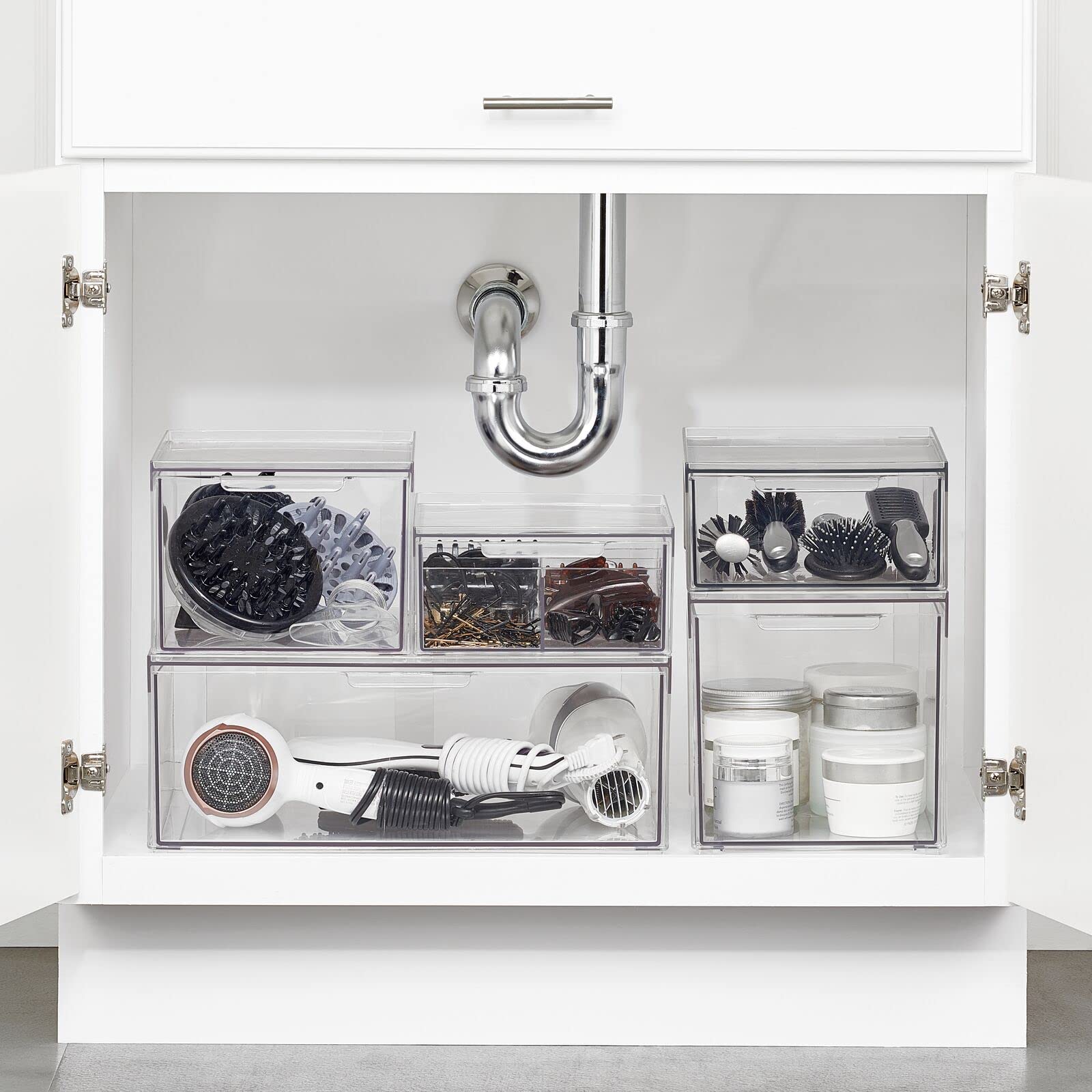 mDesign Plastic Stackable Bathroom Storage Organizer with Pull-Out Bin Drawer - 4 Pack Clear - Lumiere Collection for Cabinet, Vanity, Shelf & Closet Organization | Perfect for Small Spaces & Bathroom Decluttering