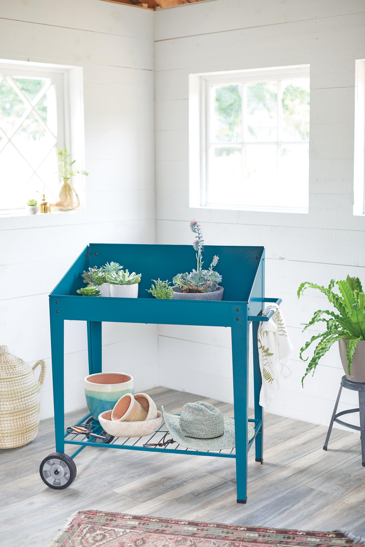 Heavy Duty Metal Potting Bench with Wheels - Outdoor Garden Work Table for Seed Starting, Planting & Transplanting | Portable Workstation with Side Metal Walls | Perfect for Backyard Gardening, Greenhouse & DIY Projects