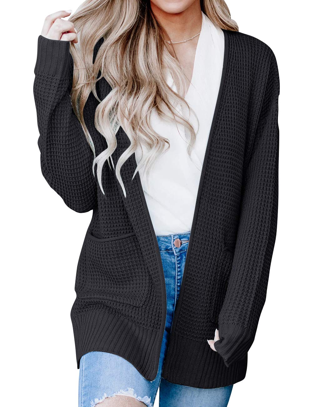 MEROKEETY Women's Long Sleeve Waffle Knit Cardigan - Open Front Side Slit Sweater for Fall & Winter | Cozy Casual Outfit for Work, Travel and Daily Wear
