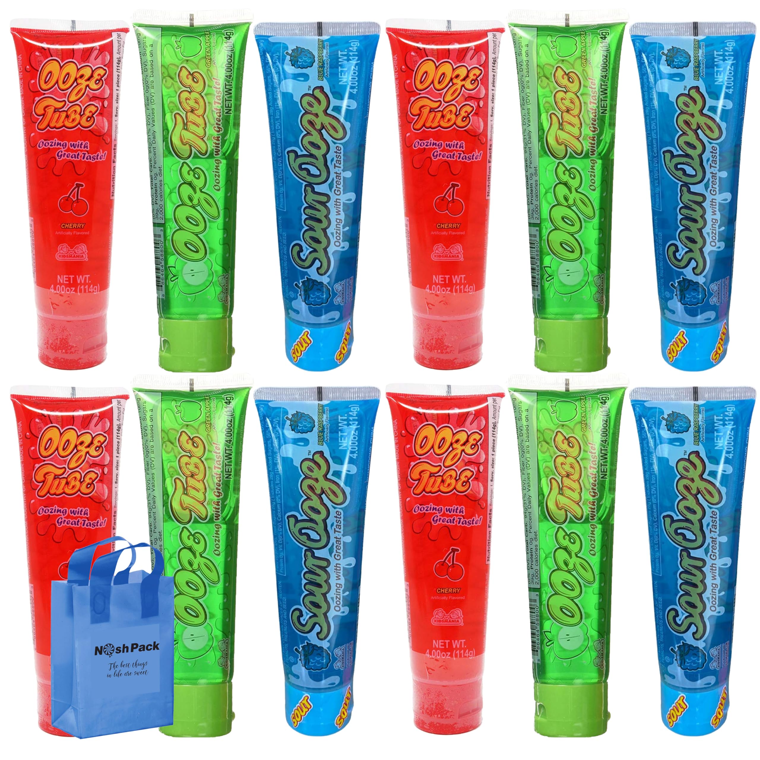 Ooze Sour Squeeze Candy Tube - 12 Pack Blue Raspberry, Cherry & Green Apple Flavored Gel Liquid Lickers with Nosh Pack Bag | Fun Party Favors, Halloween Treats & On-the-Go Snacks for Kids & Adults