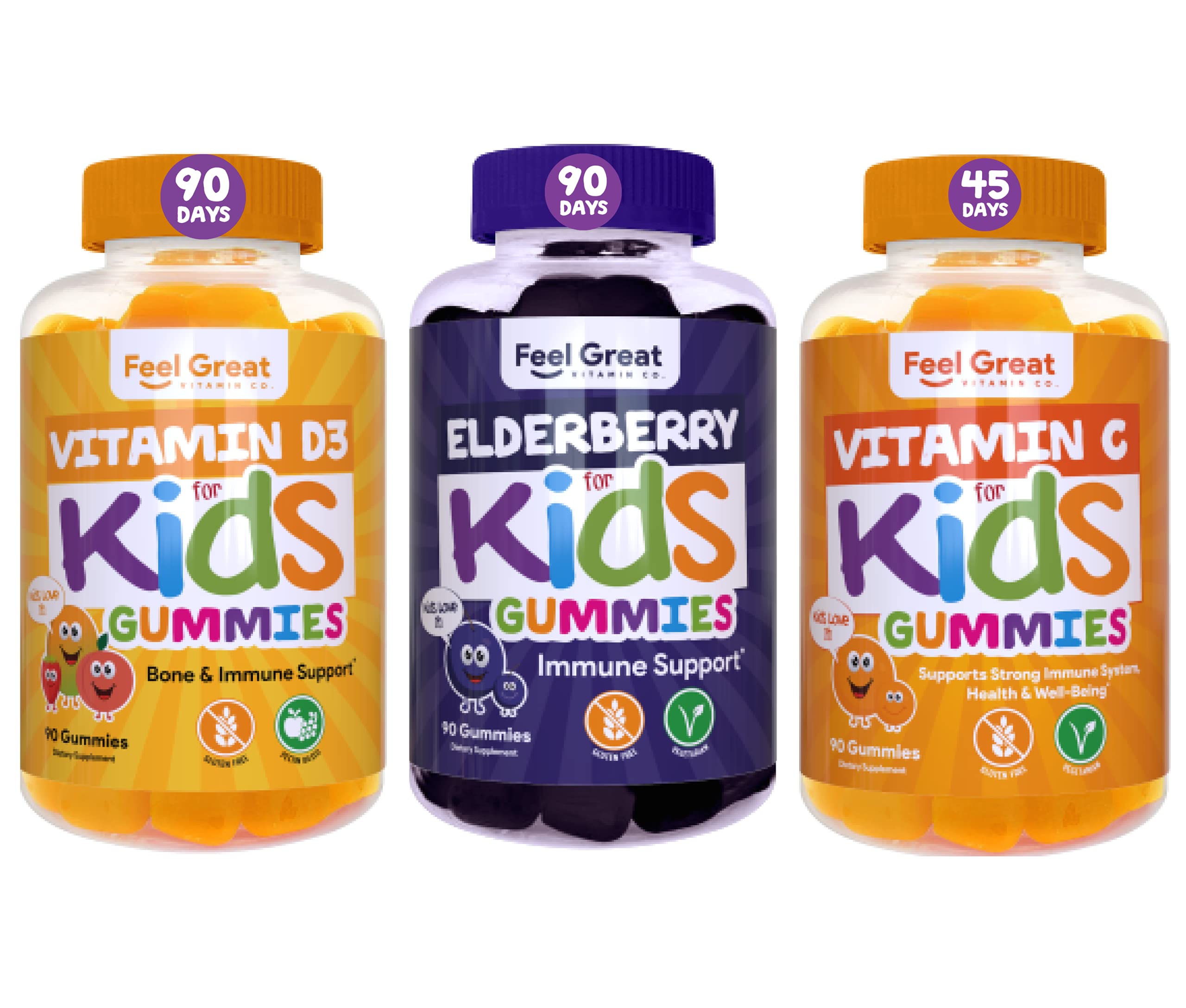 Kids Immune Support Gummies Bundle - Vitamin D, Elderberry with Zinc & Vitamin C Gummies for Children | No Gelatin, No Fructose Corn Syrup, Gluten Free | Daily Immune Booster for School, Travel & Cold Season Protection