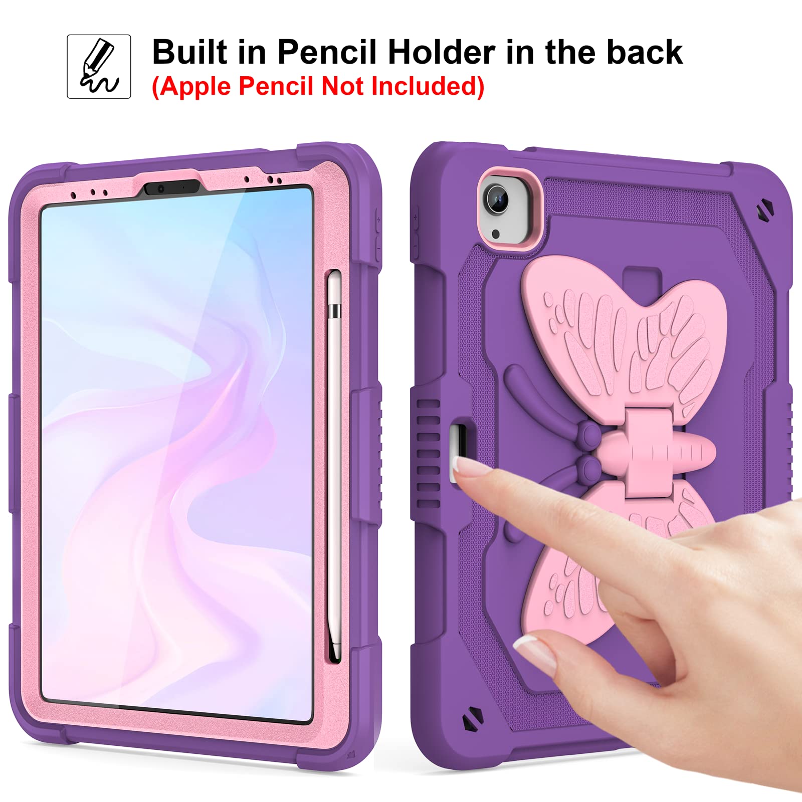 iPad Air 5th/4th Gen & iPad Pro 11 Inch Case (2022) with Screen Protector - Butterfly Stand, Strap, Pencil Holder & Hard Cover for Kids Girls - Purple | Perfect for School, Travel & Playtime