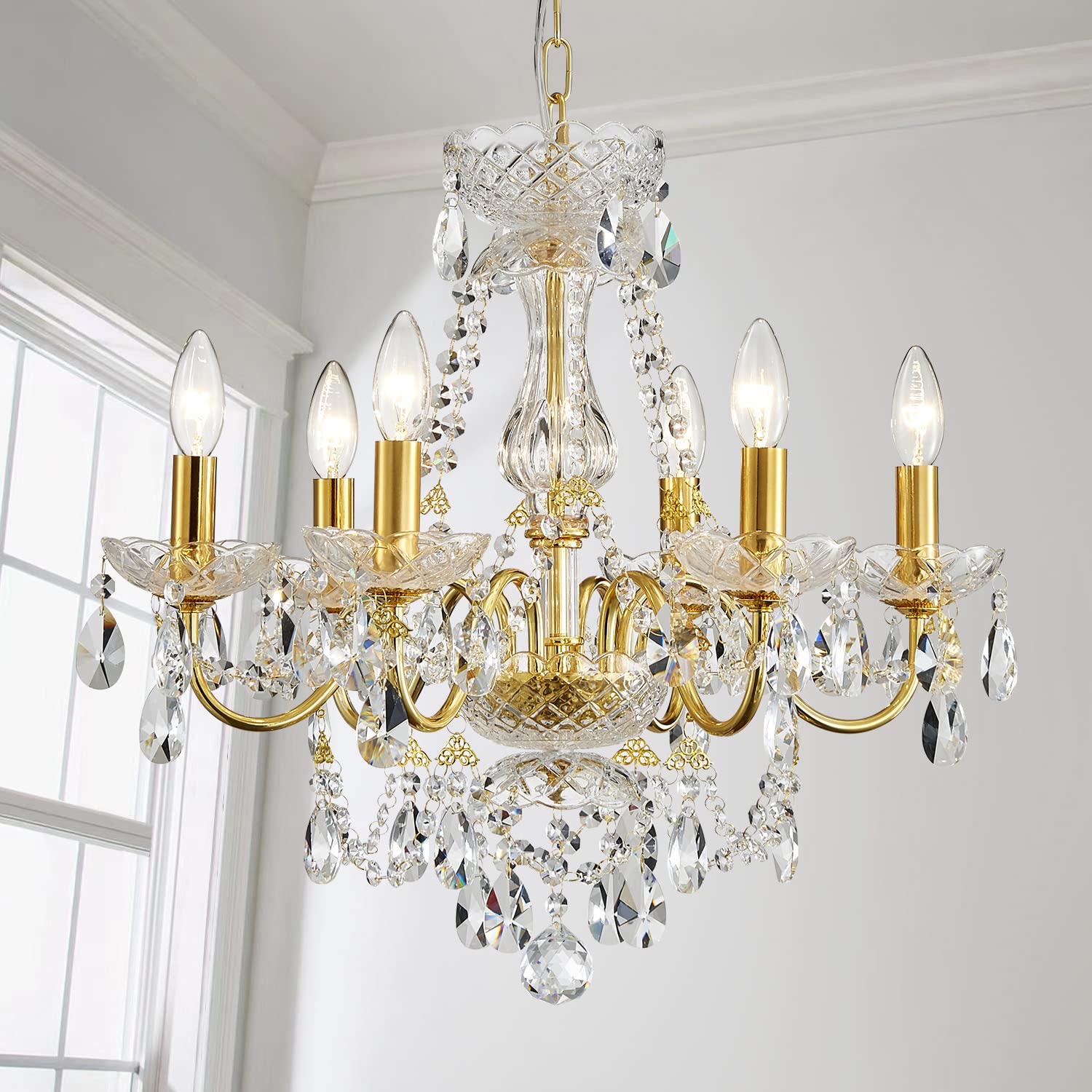 Modern Gold Chandelier Light Fixture with 6 Lights & Crystal Accents - Perfect for Dining Room, Living Room, or Bedroom Lighting