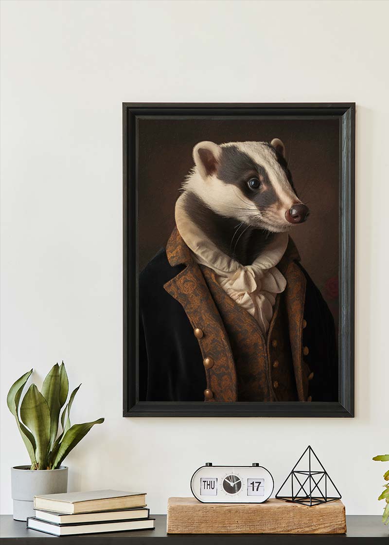 Gentleman Badger Animal Portrait Print - Elegant Wildlife Wall Art for Home & Office Decor - Perfect for Living Room, Bedroom, or Study