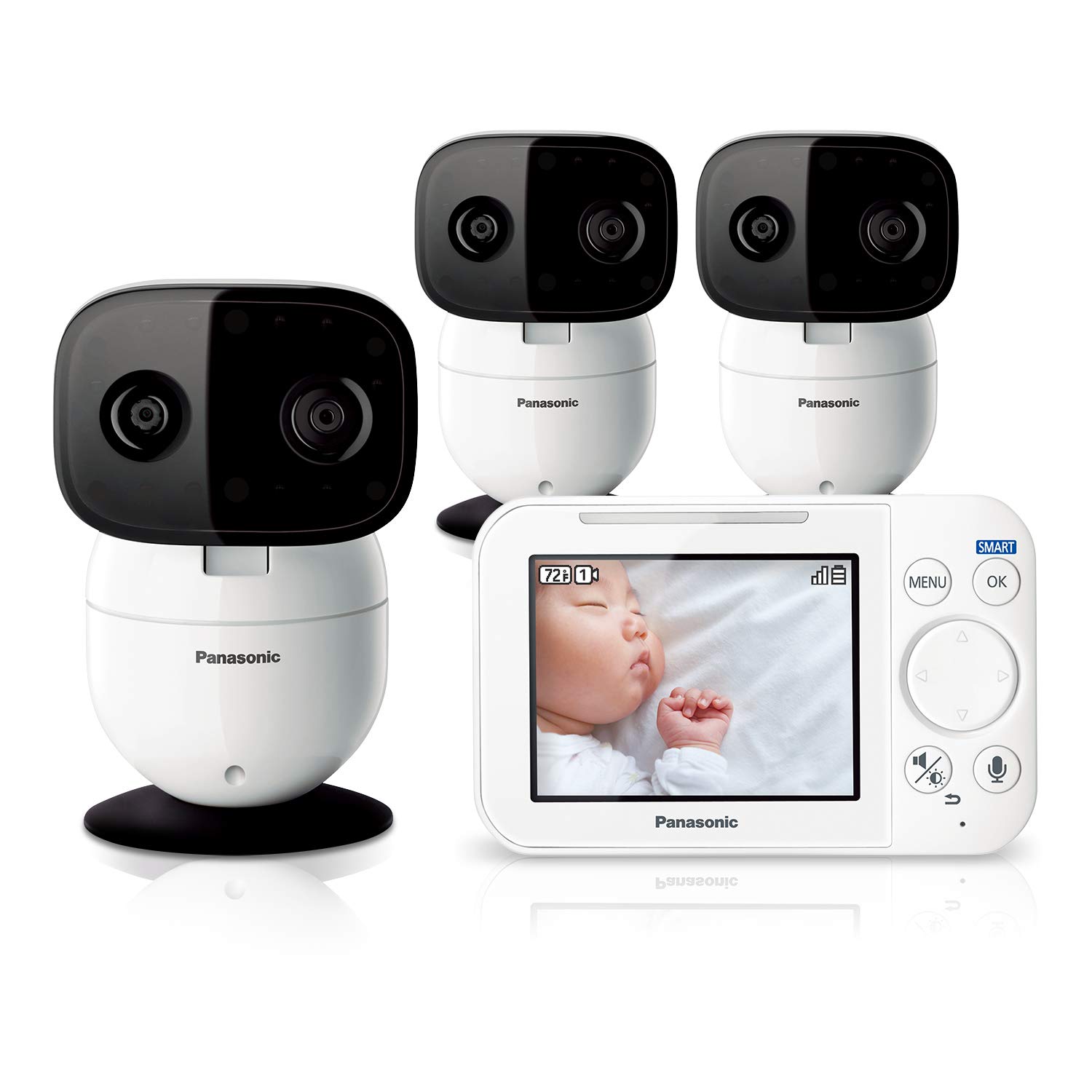 Panasonic Video Baby Monitor with Remote Pan/Tilt/Zoom - Long Range, Secure Connection, Portable, 2-Way Talk & Lullabies - Includes 3 Cameras & Monitor - Perfect for Nursery, Daycare, and Travel Use