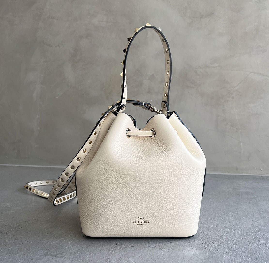 Valentino Rockstud Leather Bucket Bag in Ivory - Elegant Shoulder Bag for Women | Perfect for Date Night, Parties & Everyday Use