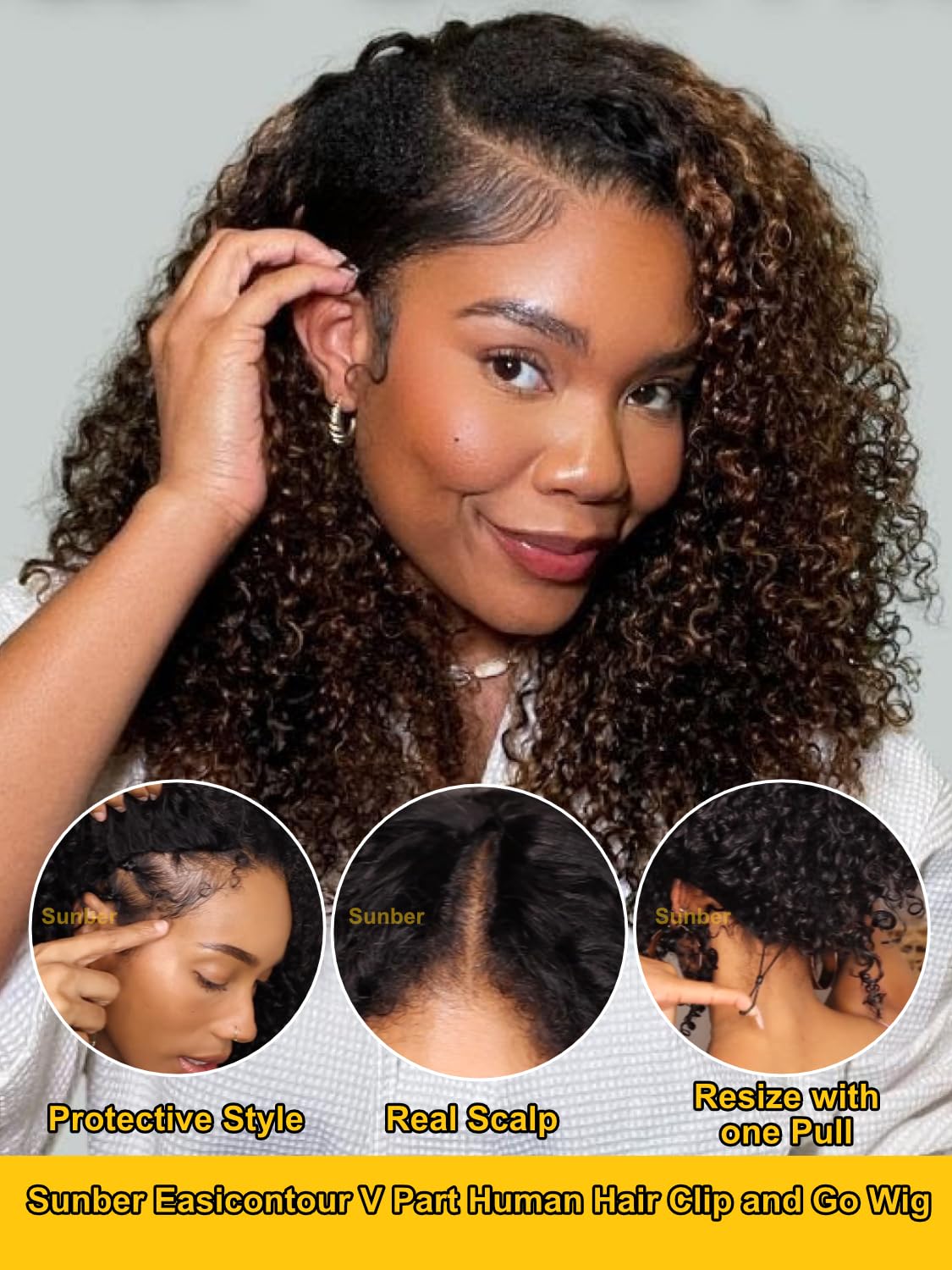 Sunber EasiContour V Part Human Hair Wig - Ombre Chestnut Brown Curly Glueless Wig | 180% Density No Sew-in V-Shape Clip | Beginner Friendly 16 Inch Ready-to-Wear Wig for Daily Use & Special Occasions