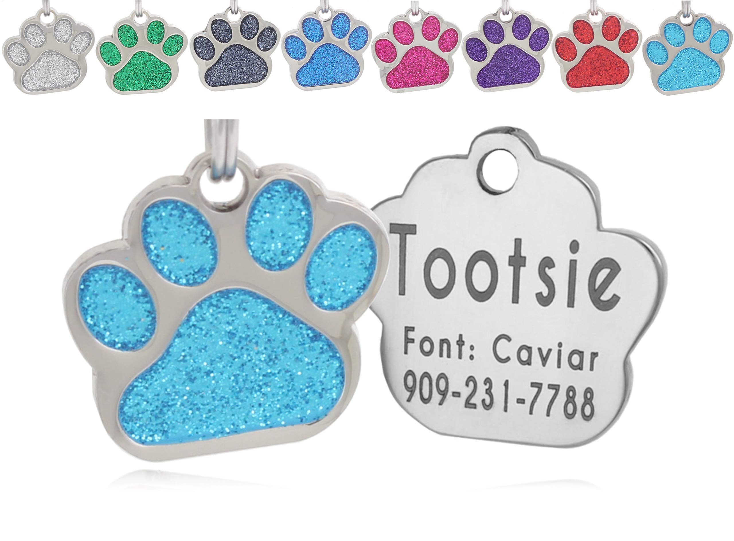 Custom Engraved Glitter Paw Print Pet ID Tag - Personalized Bling Dog & Cat Collar Name Tag for Small Medium Large Pets - Perfect for Daily Walks, Vet Visits & Pet Safety Identification